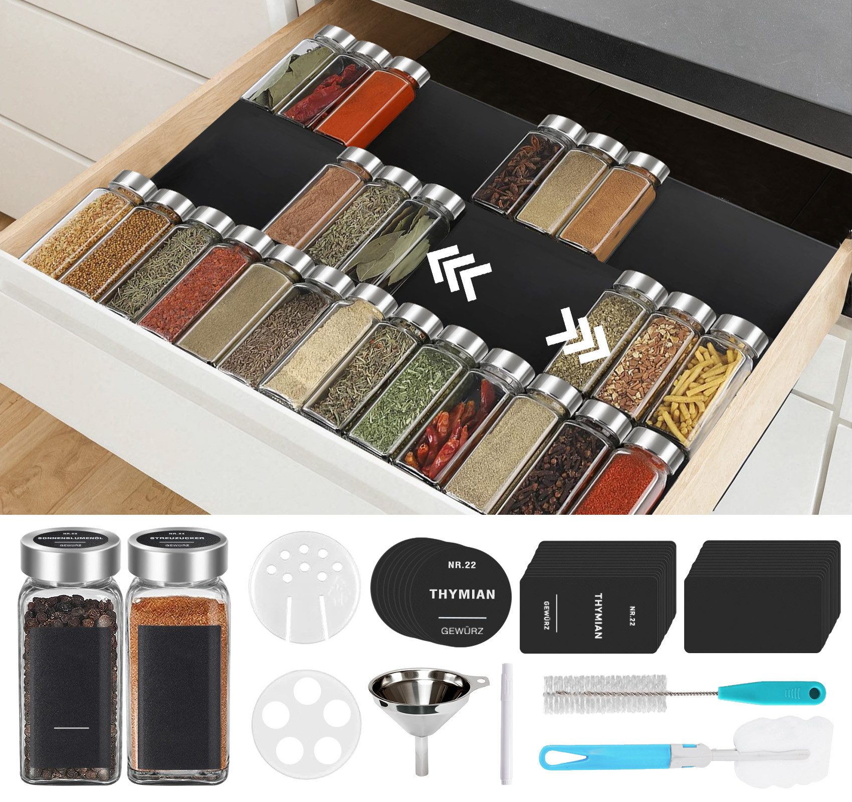 ElitVita Gewürzstreuer Gewürzgläser Eckig, mit 24 Gewürzdosen, Etiketten Pinsel Trichter, (24-tlg), mit Gewürzregal, Zwei Deckeltypen, für Küche