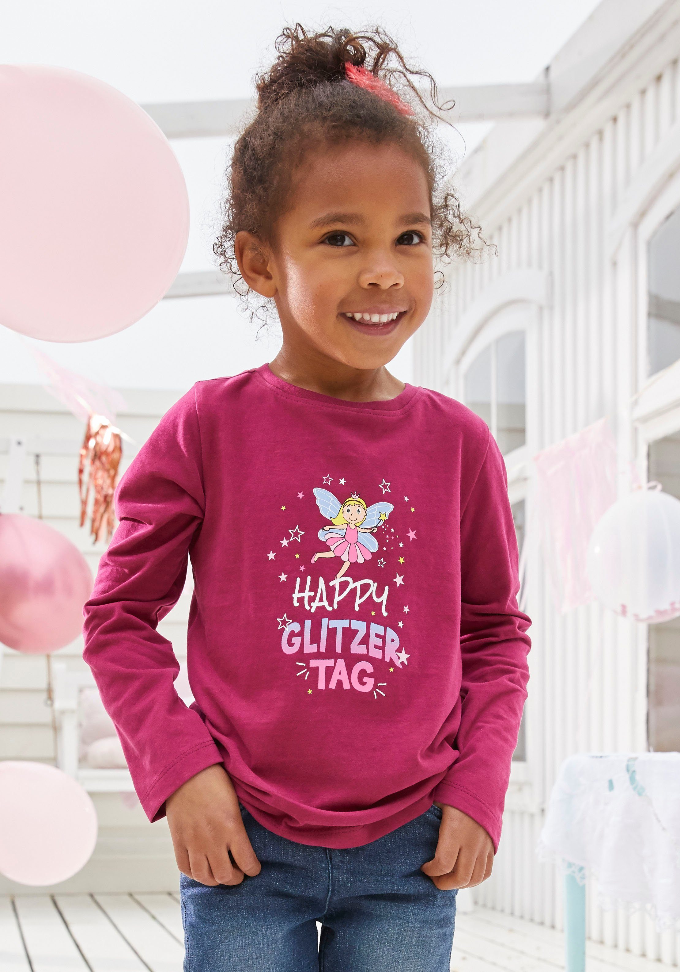 Glitzer Druck Happy Langarmshirt Tag KIDSWORLD Elfen