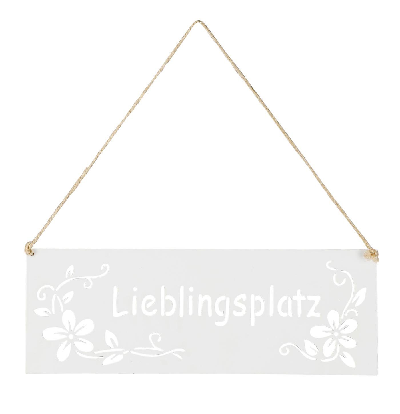 Levandeo® Dekohänger, Schild Lieblingsplatz 25x9cm Außen Garten-Deko Weiß Blumen Metall