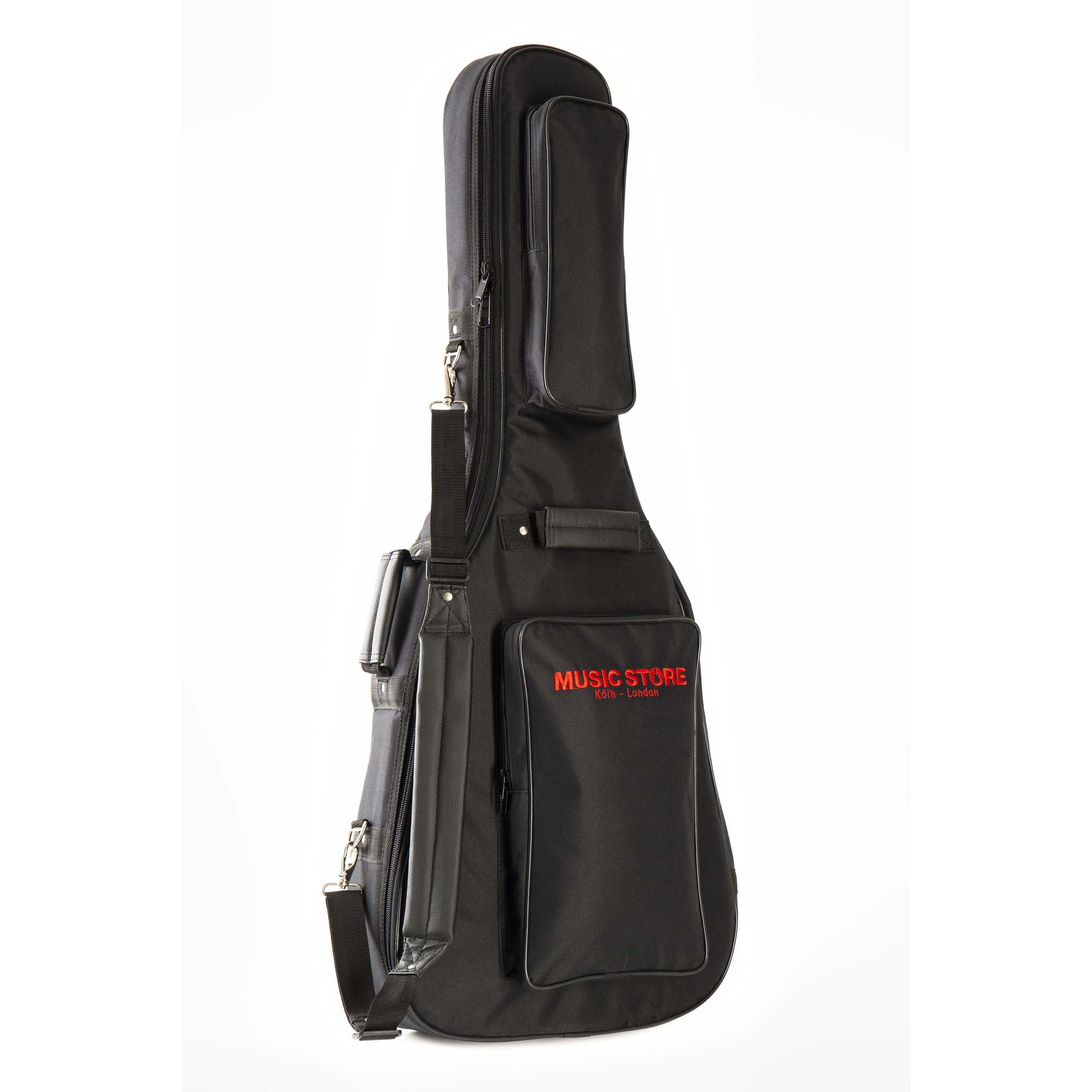 MUSIC STORE Gitarrentasche (Gigbag Western Guitar Super Deluxe Robuste Tasche für Westerngitarren 30 mm Polsterung Extra Gepolsterte Halsstütze Wasserabweisend Reißfestes Nylon Stabiler Reißverschluss 2 Große Taschen Rucksacktragegurte Fach für Namensschild Schwarz/Rot., Gitarrenkoffer und Gitarrentaschen, Gitarrentasche Westerngitarre), Gigbag Western Guitar, Robuste Westerngitarren Tasche