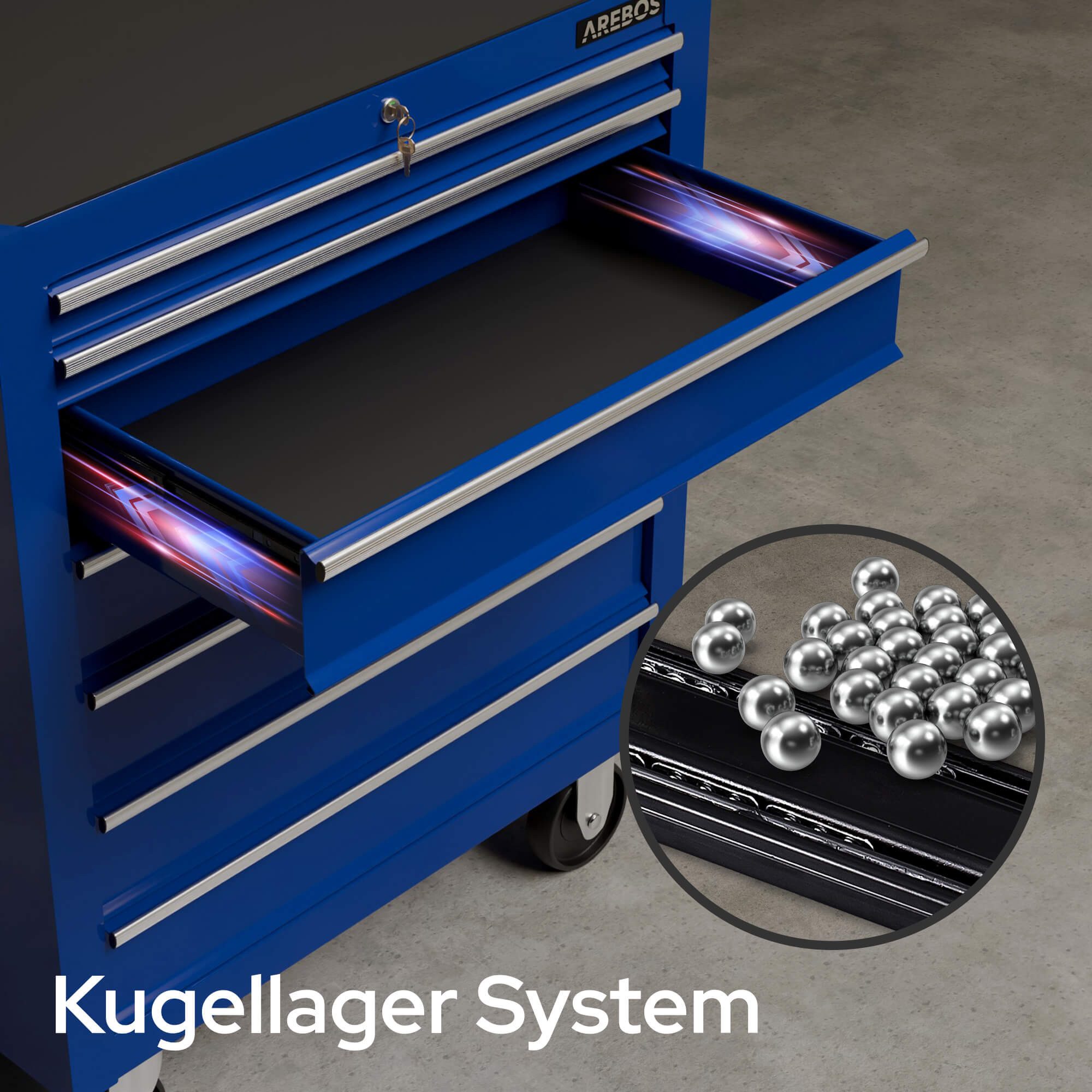 Arebos Werkstattwagen 7-Fächer Rollwagen, Zentral abschließbar mit Antirutschmatten, blau, (Werkzeug Rollwagen 7 Fächer)