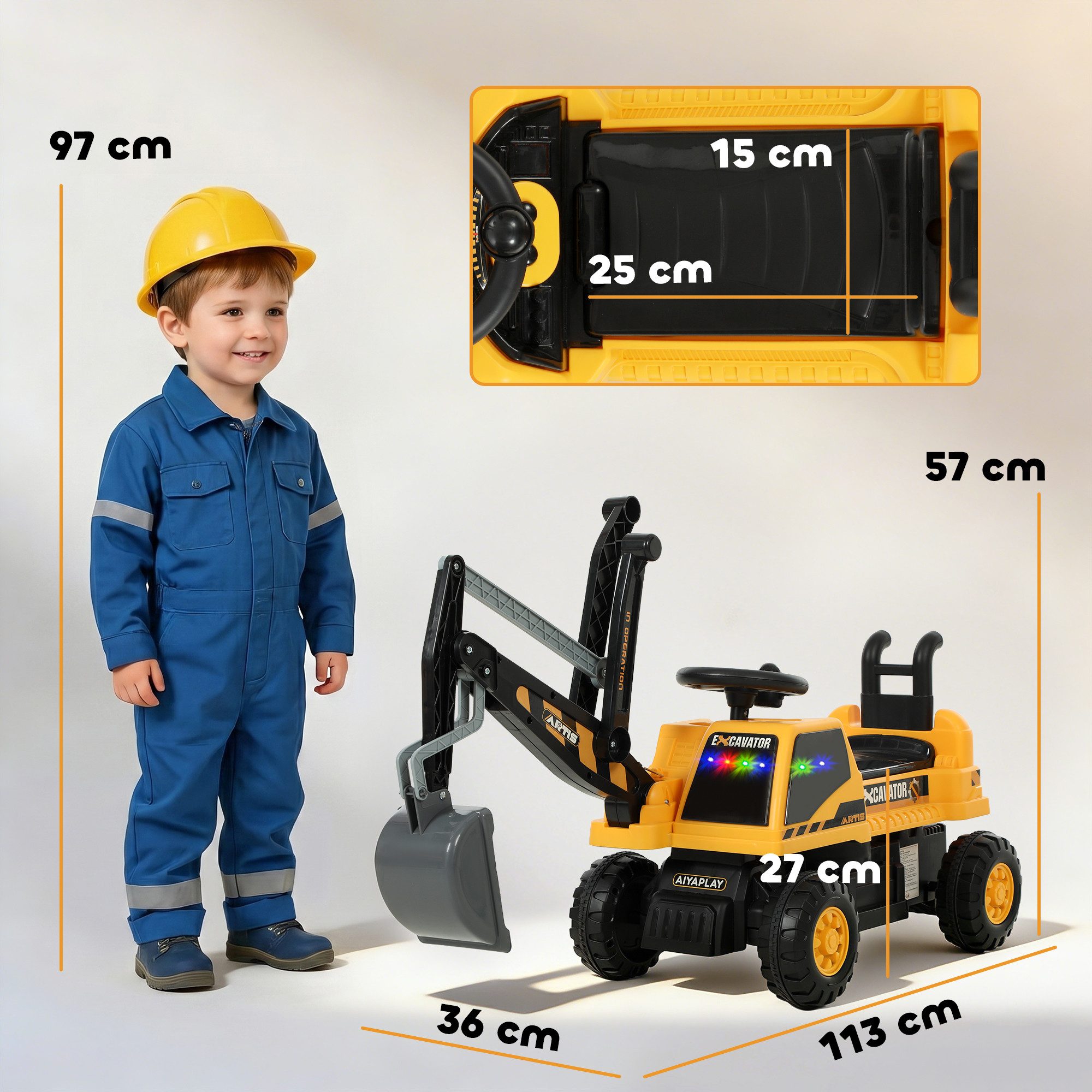 AIYAPLAY Spielzeug-Bagger Sitzbagger Lenkrad mit drehbar Aufbau verstellbar Rückenlehne, (Kinderbagger, 1-tlg., Kinder Aufsitzbagger mit Schaufel), mit Licht und Sound