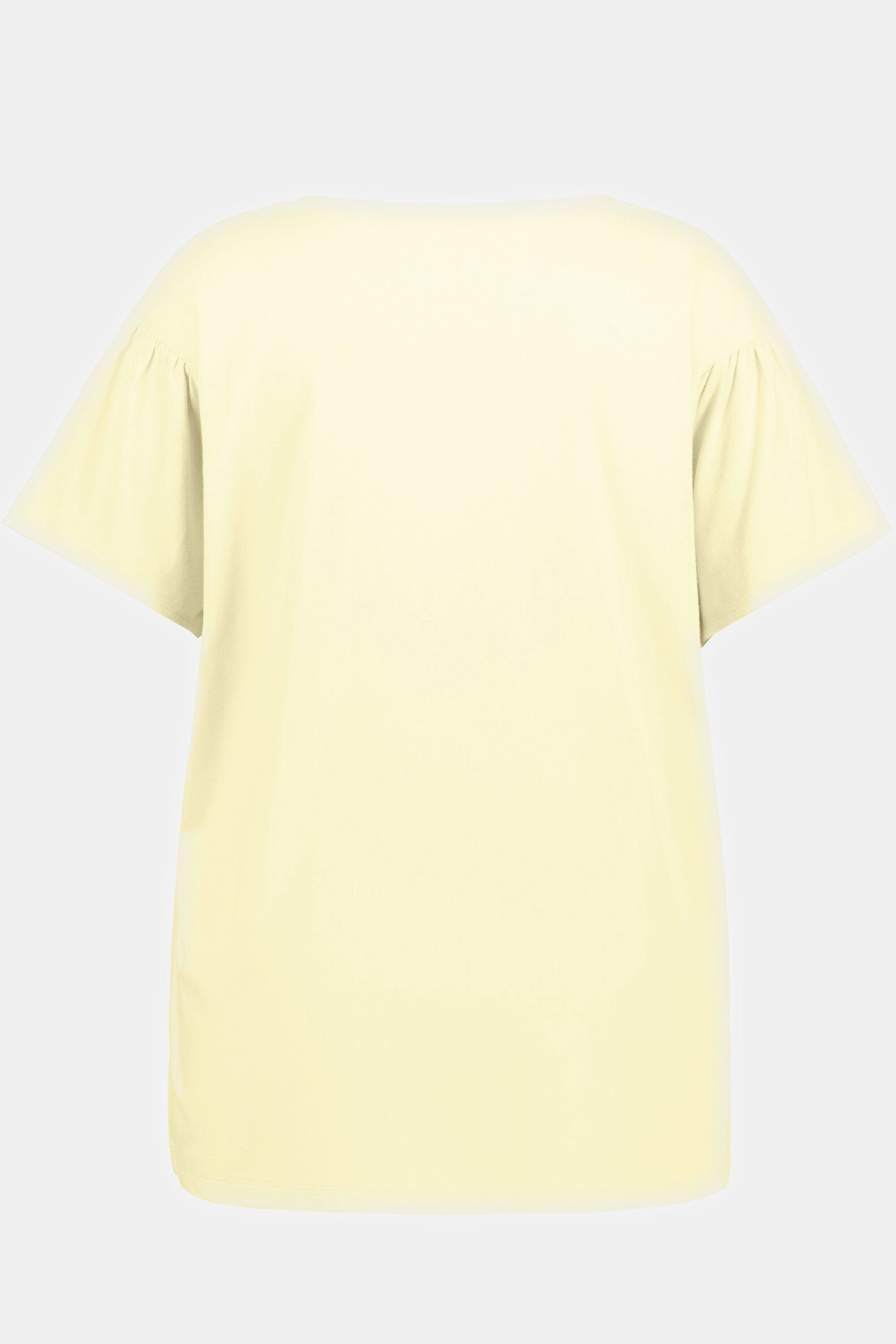 Ulla Popken Rundhalsshirt T-Shirt Halbarm Oversized Raffung blassgelb V-Ausschnitt