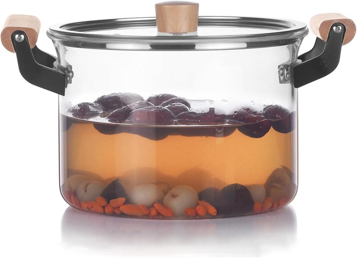 FELIXLEO Kochtopf 3,5L Klarglastopf Glas Kochtopf Simmertopf Bratentopf Holzgriff, (1-tlg)