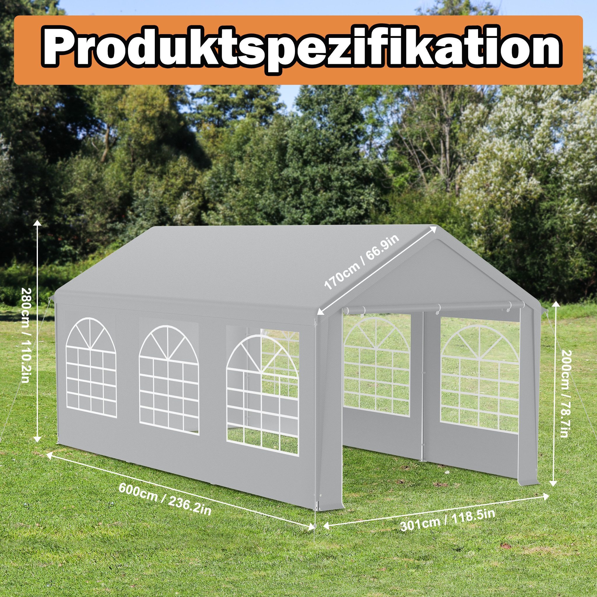 FIVMEN Partyzelt Garten Pavillon mit 4 abnehmbaren Seitenteilen, Grau/Weiß – Bild 2 von 5