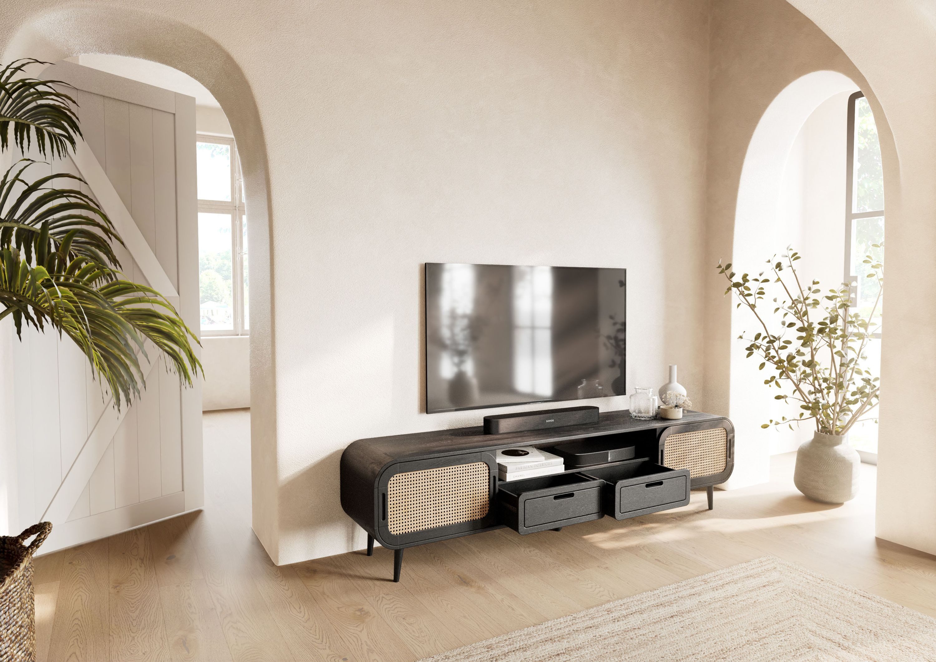 Massivmoebel24 TV-Board VALENCIA (Massivholz), Mango 200x40x50 dunkelgrau lackiert VALENCIA #223