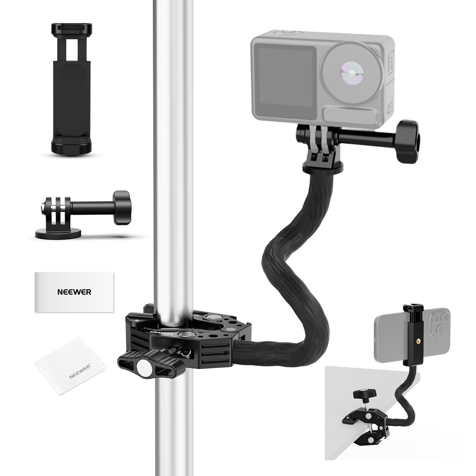 Neewer Action Cam-Halterung GP-26 Actionkamera Halterung Set, mit Super-Clamp & flexiblem Schlauch, (bis 3,3 Zoll, Packung, kompatibel mit GoPro Insta360 DJI Handy, für flache/runde Oberflächen)