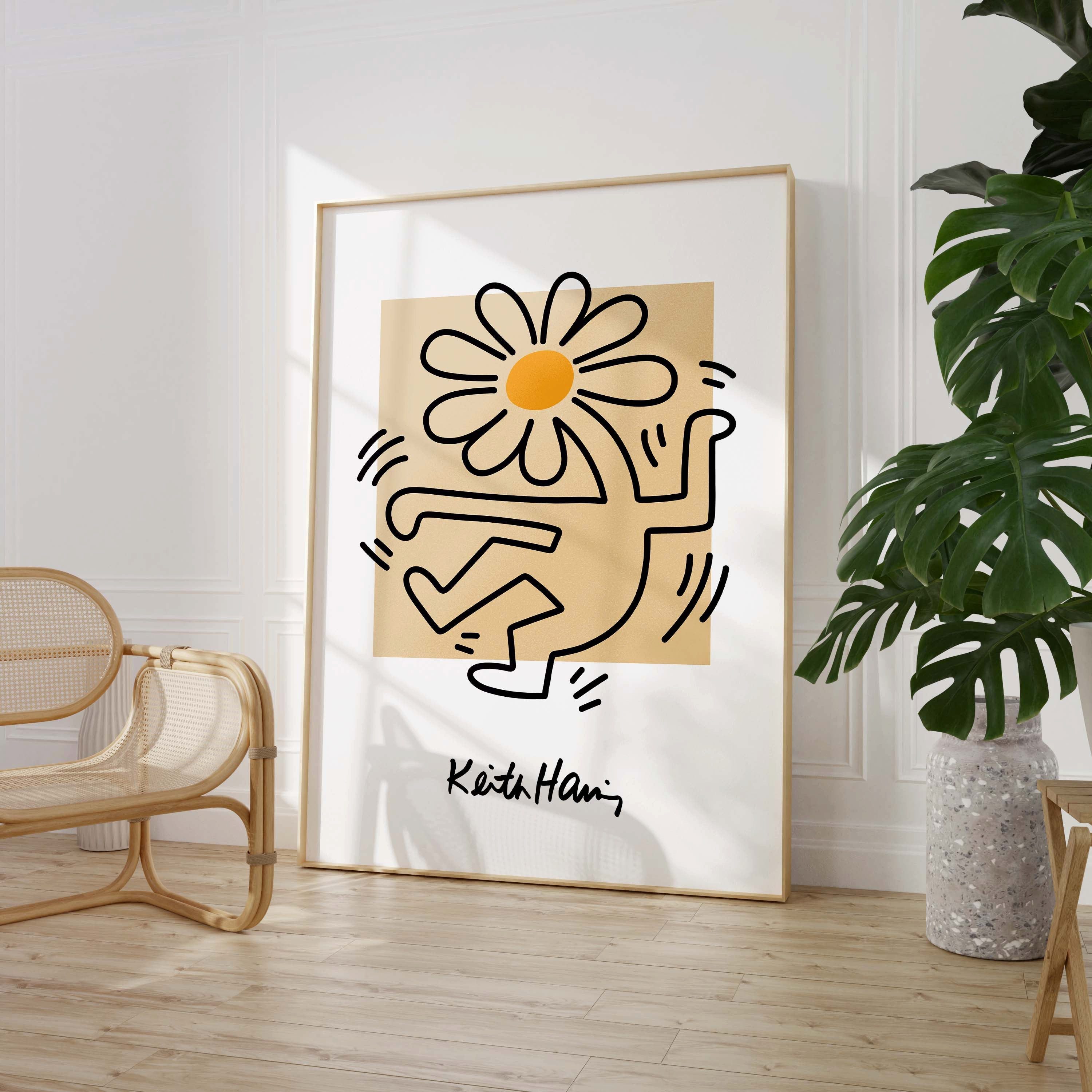 JUSTGOODMOOD Poster Dancing Figure Keith Haring Style Minimal Line Art mit Blume Modernes, (1 St)