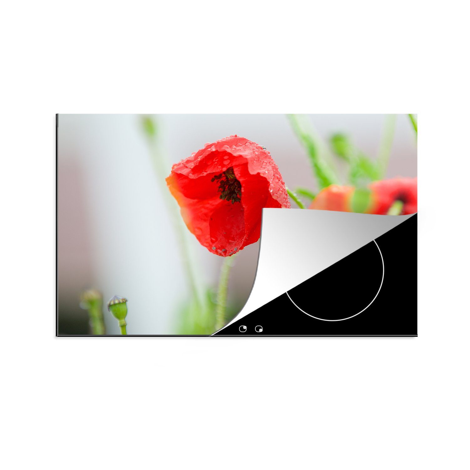 MuchoWow Herdblende-/Abdeckplatte Tau auf einer roten Mohnblume, Vinyl, (1 tlg), 81x52 cm, Induktionskochfeld Schutz für die küche, Ceranfeldabdeckung