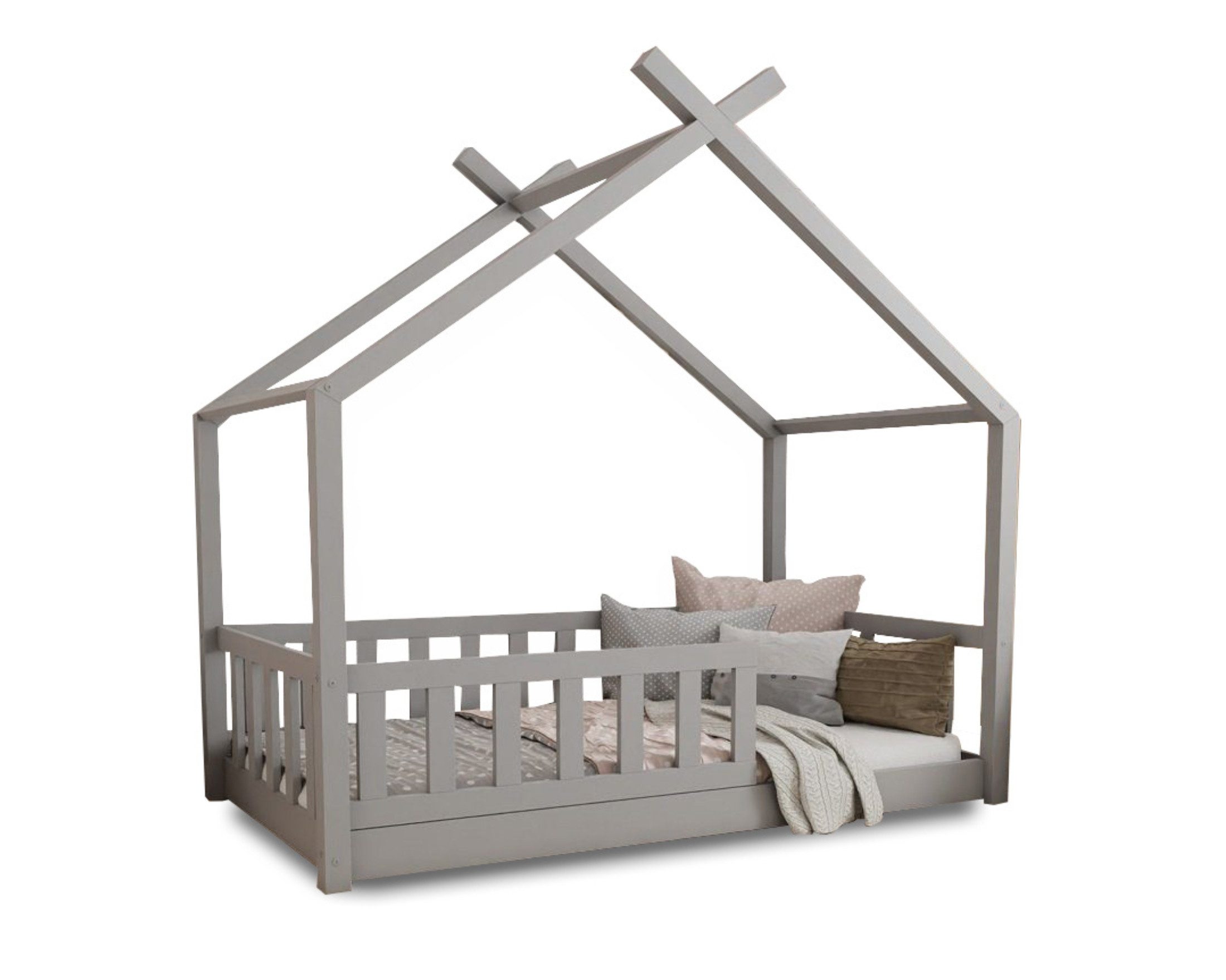 Deine Möbel 24 Hausbett Kinderbett STAR PLUS für 1 Kind Weiß Grau Kiefer Natur Beige Rosa (80x180 90x200 120x200 140x200 Bett für Kinder Komplettbett mit abnehmbarem Rausfallschutz Schutzgitter, 2-tlg., Matratze optional), inkl. Lattenrost