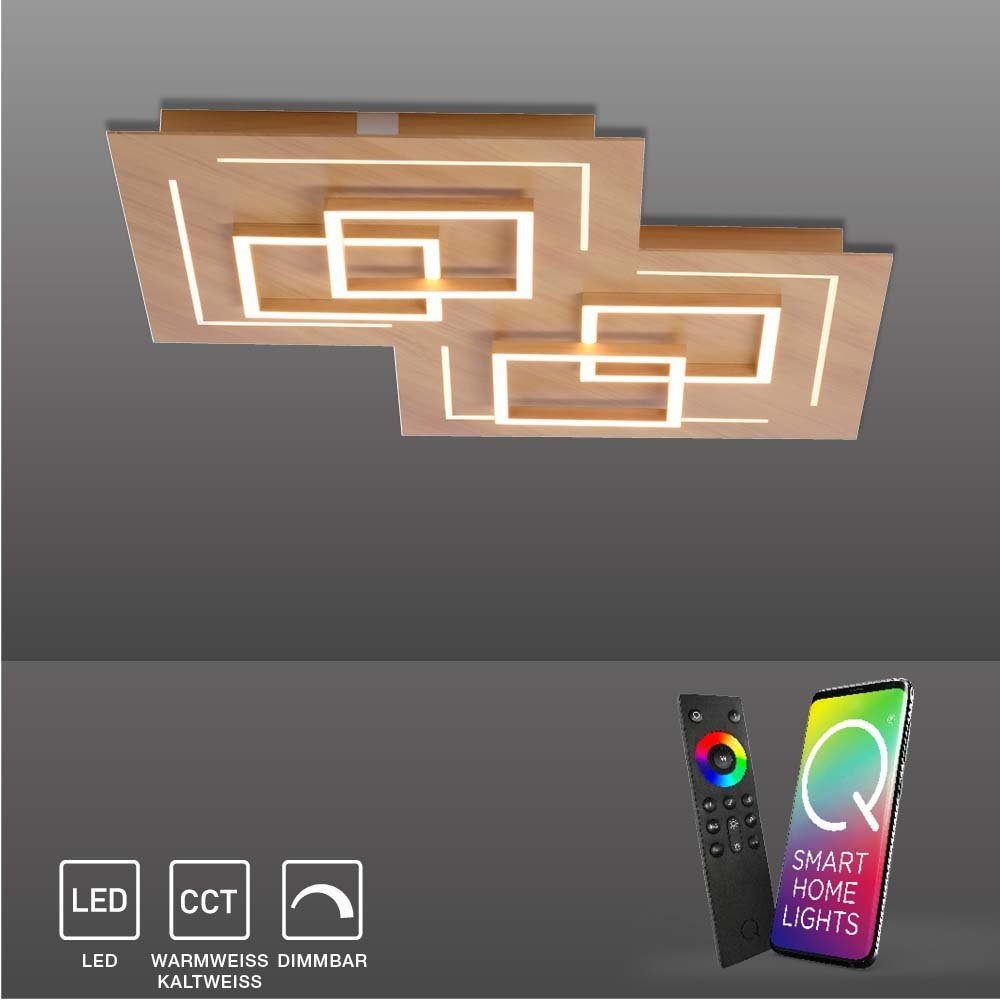 Paul Neuhaus Smart App Home, LED-Leuchte Smarte Dimmfunktion, Leuchtmittel, CCT-Farbtemperaturregelung, Smart Deckenlampe mit Farbwechsel + Home, per Memoryfunktion, Q CCT - + Holzdekor LED dimmbar Fernbedienung LINEA