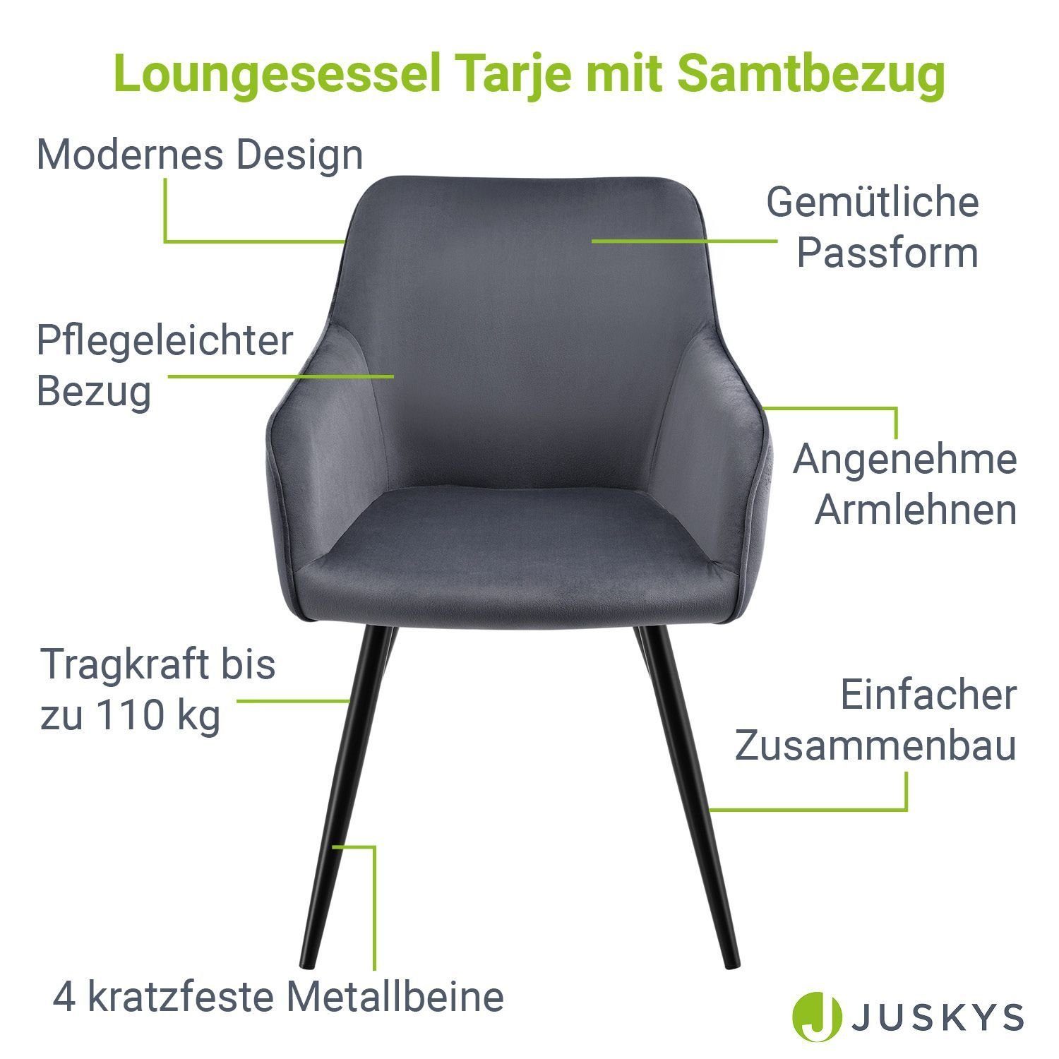 Juskys Loungesessel Tarje 2er Samtbezug, Polsterung, kratzfesten weiche Dunkelgrau, Dunkelgrau Dunkelgrau | Set Metallbeinen