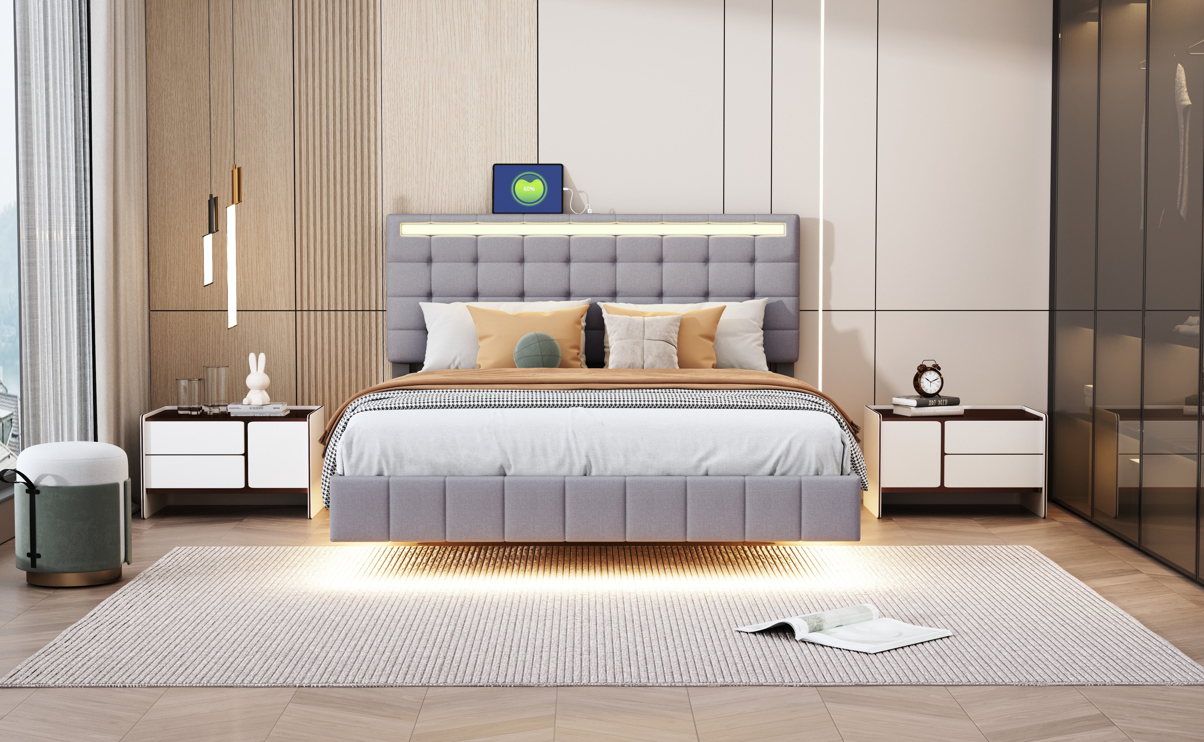 MODFU Polsterbett mit LED-Beleuchtung & gepolstertem günstig online kaufen