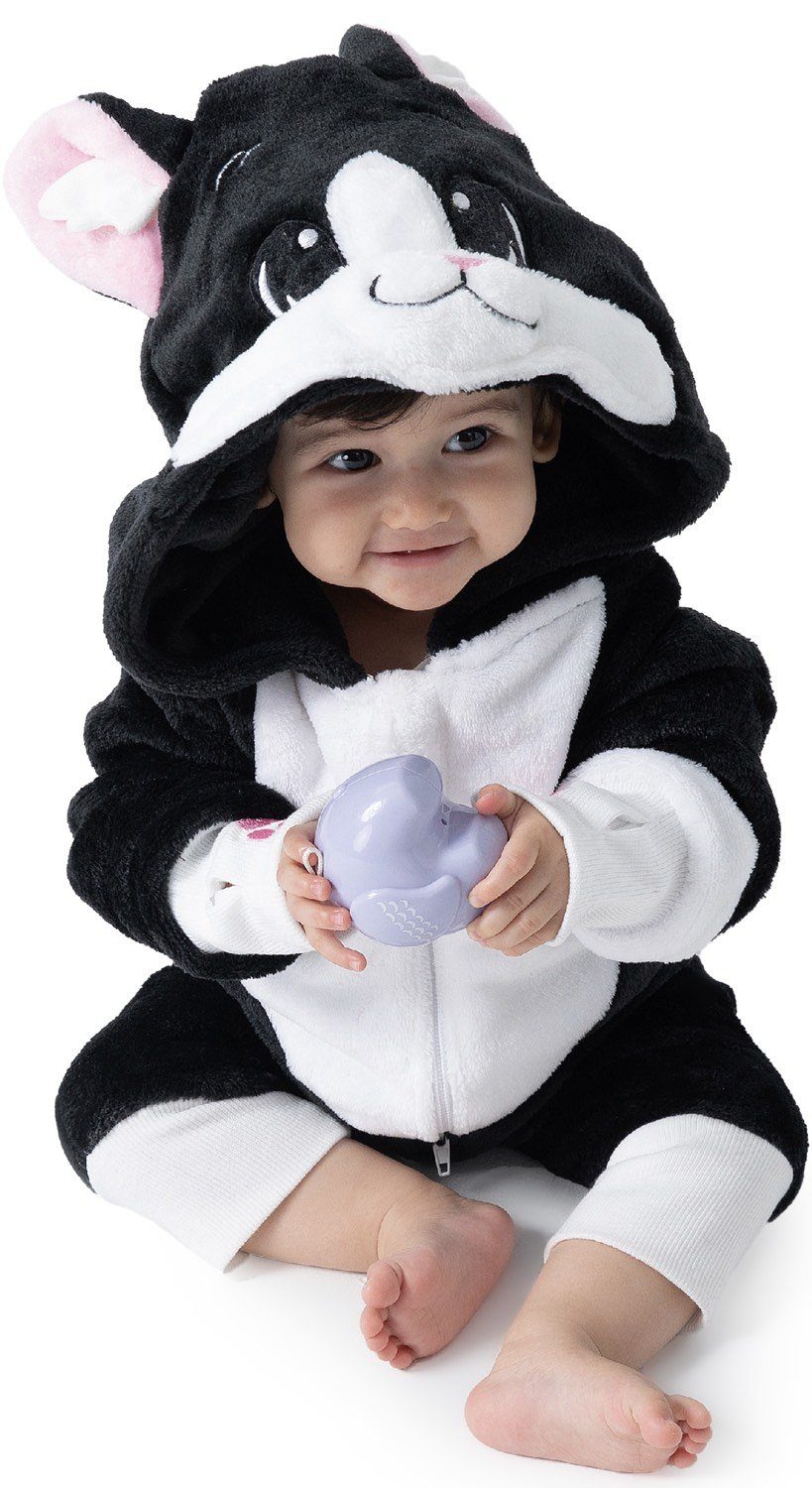 Corimori Strampler Flauschiges Katzen-Kostüm Neugeborene, Fasching, Katze, für Babies, Karneval Verkleidung, schwarz-weiß, (1-tlg)