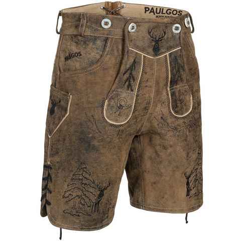 PAULGOS Trachtenhose Herren Lederhose Kurz mit Trägern 100% Echtleder - HK5 ANTIK