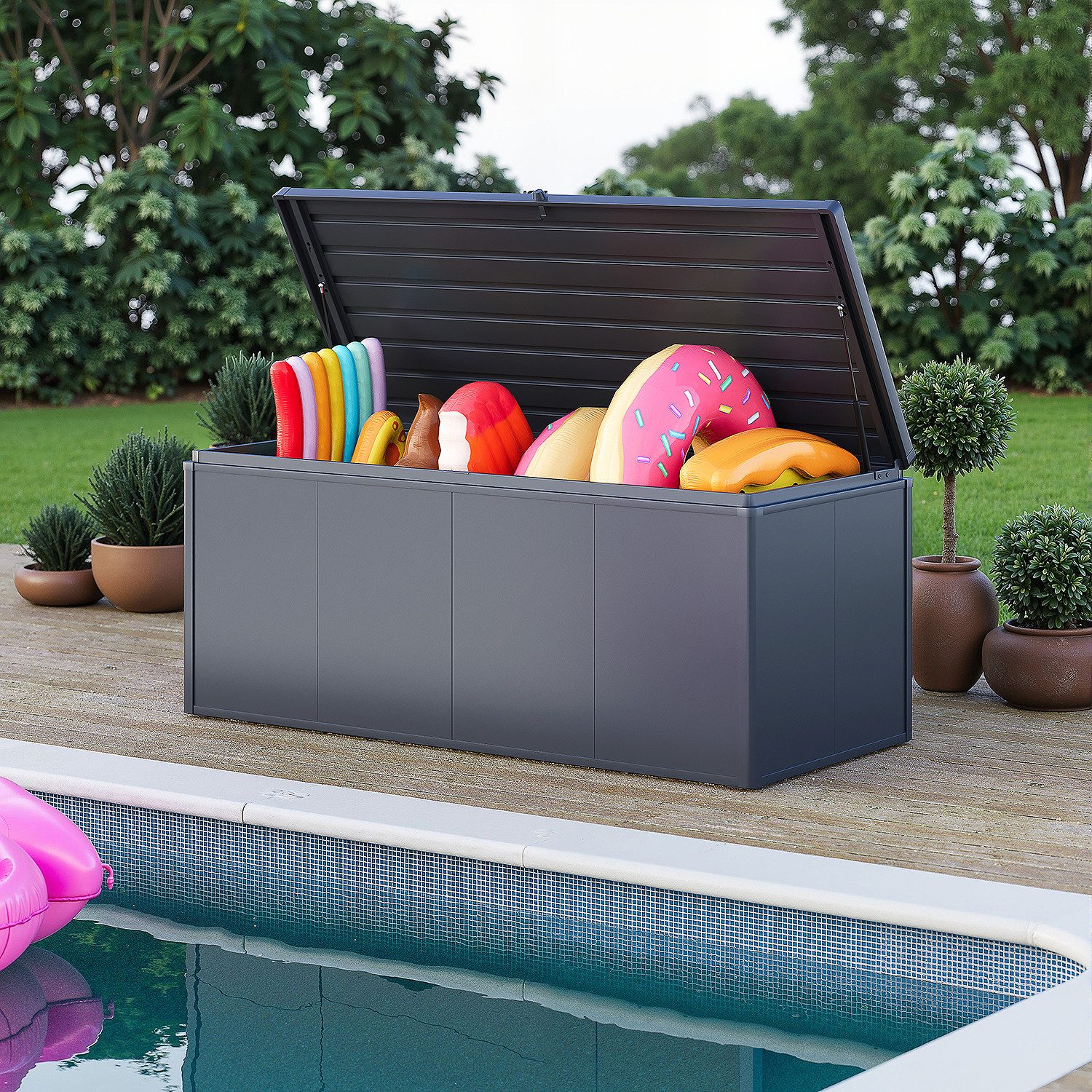 Weide Gartenbox Aufbewahrungsbox 1015 L aus verzinktem Stahl wetterfest in Anthrazit