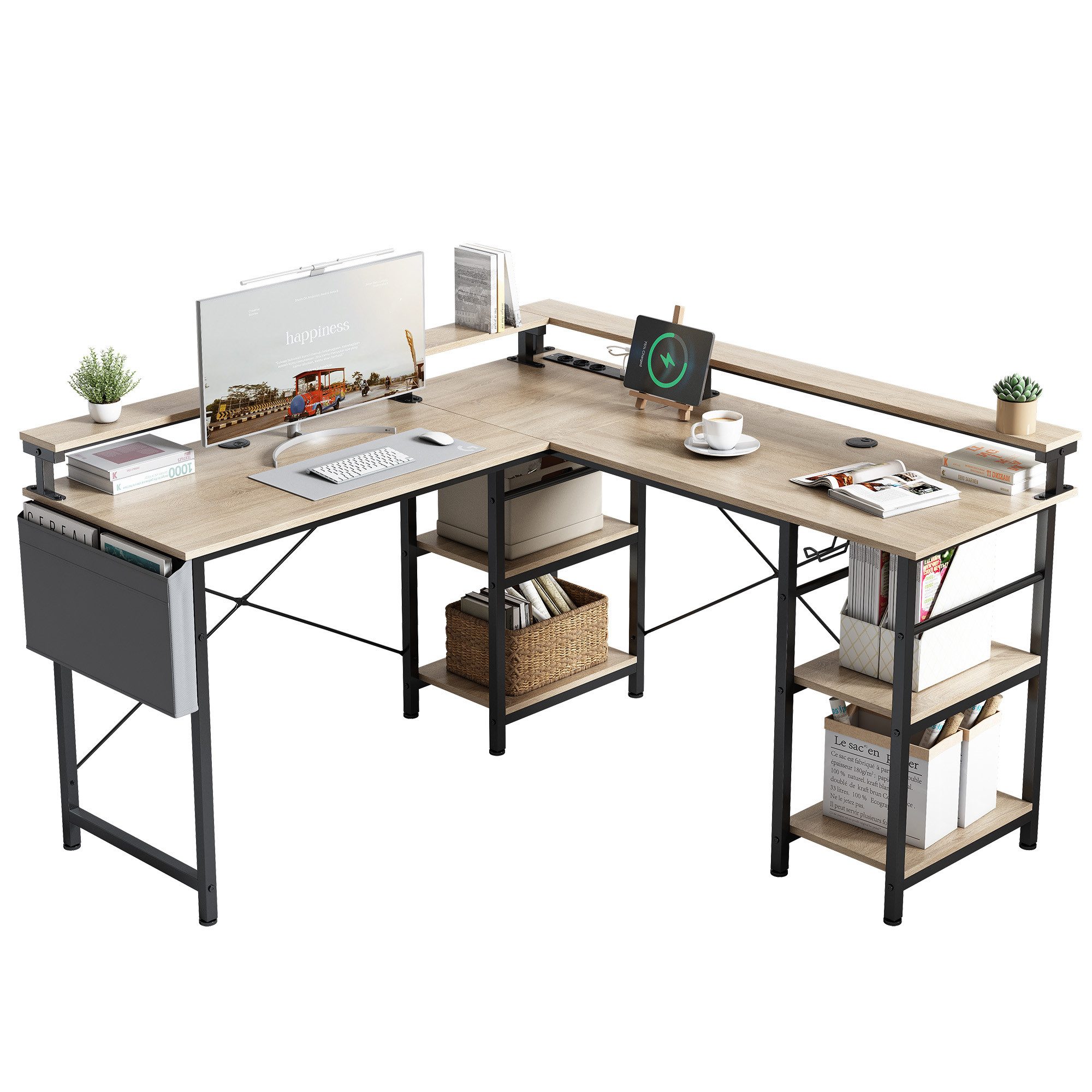 BBWL Computertisch L-förmiger Gaming-Schreibtisch mit LED, Steckdose, Monitorständer, 140 x 140 x 85 cm,mit Ablagefach, langer 2-Personen-Schreibtisch