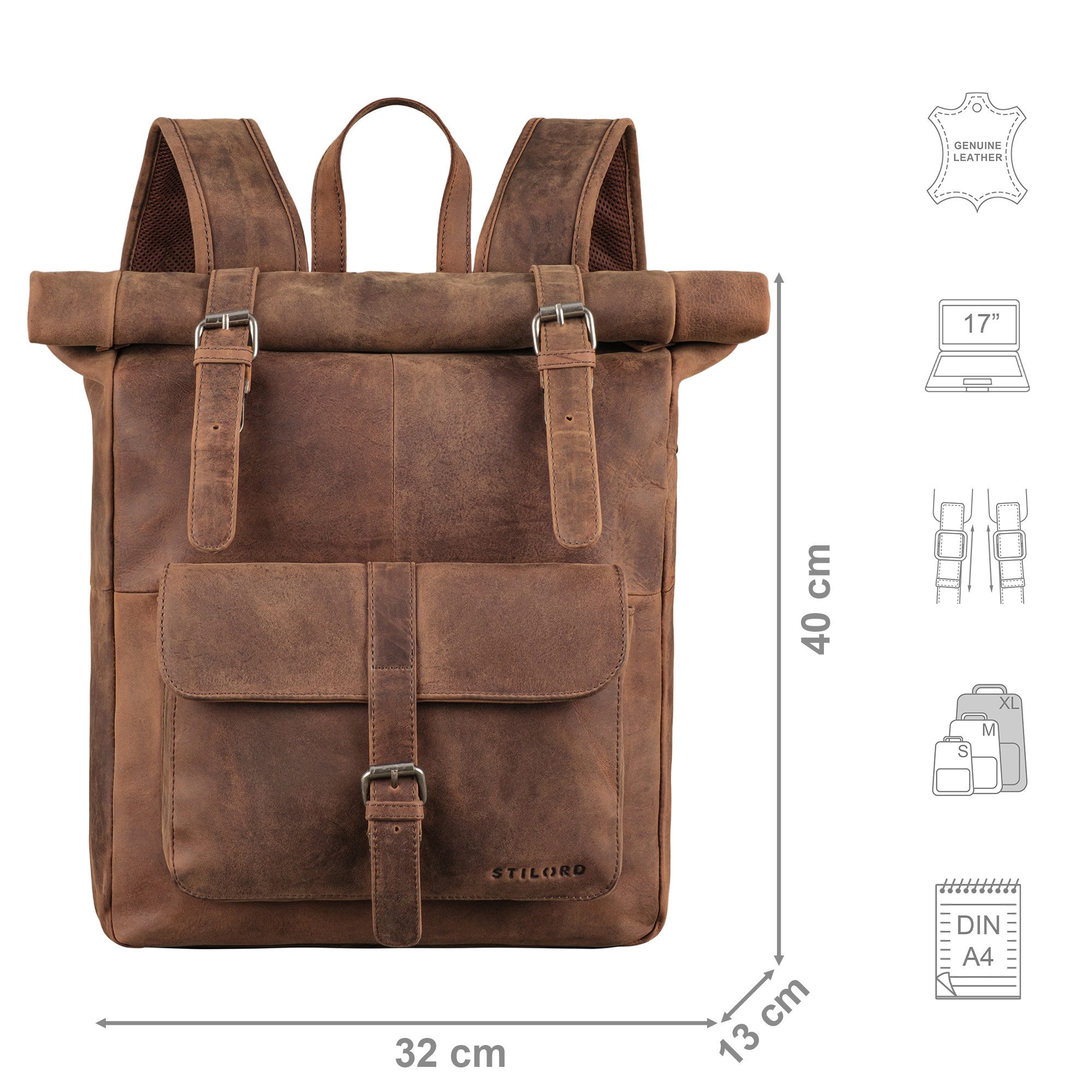STILORD Notebookrucksack "Herakles" XL Leder Rolltop Rucksack 17 Zoll
