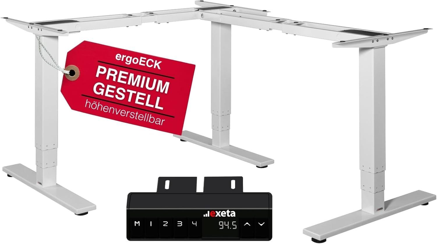 exeta Eckschreibtisch exeta ergoECK höhenverstellbarer Schreibtisch elektrisch Dreieck LForm (Set, Set), Breite 140 bis 200 cm, Tiefe 106 bis 160 cm, Höhe 64,5 bis 129,5 cm