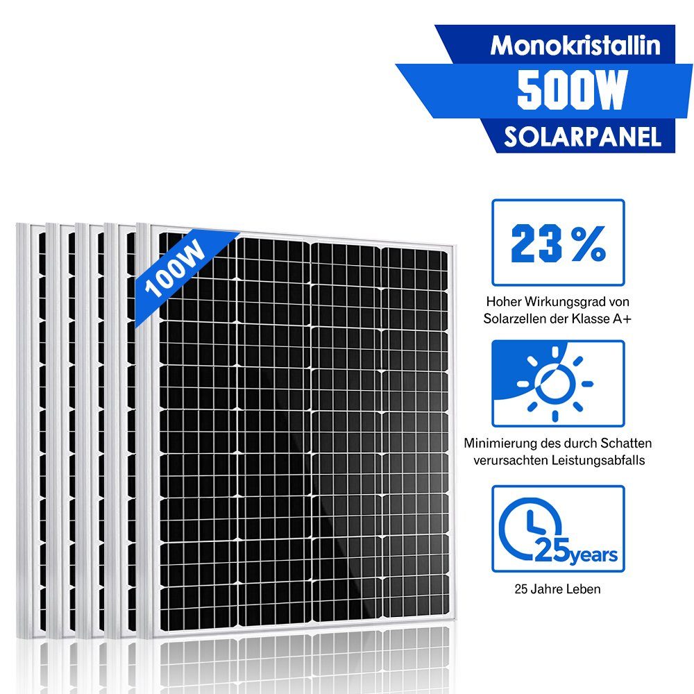 GLIESE Solarmodul 12V 100Watt Solarpanel, 100,00 W, Monokristallin, (Set, 5 Stücke Solarmodul), Hoher Wirkungsgrad in Kombination mit geringem gewicht