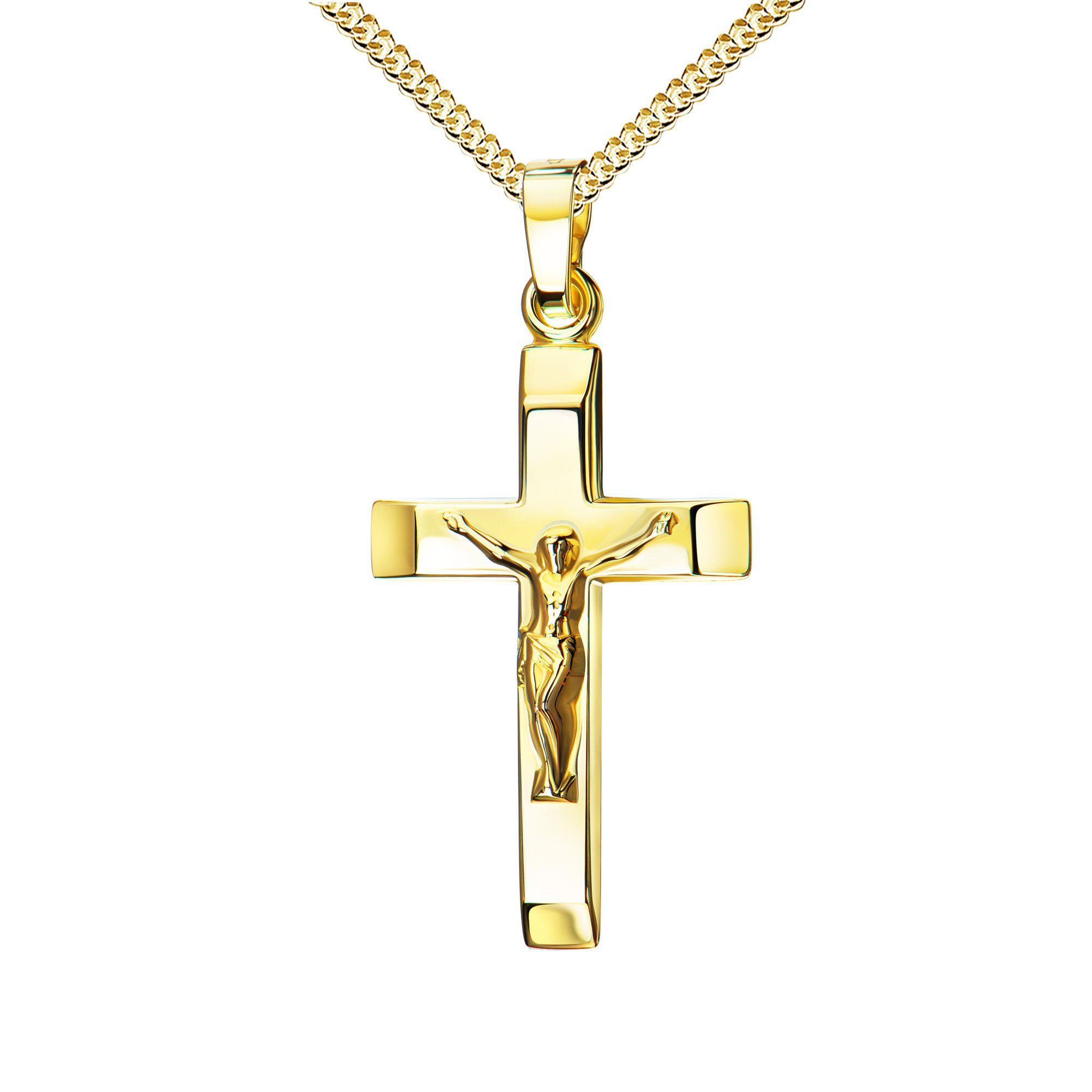 JEVELION Kreuzkette Kruzifix 750 Gold - Made in Germany (Goldkreuz, für Damen und Herren), Mit Kette vergoldet- Довжина wählbar 36 - 70 cm.