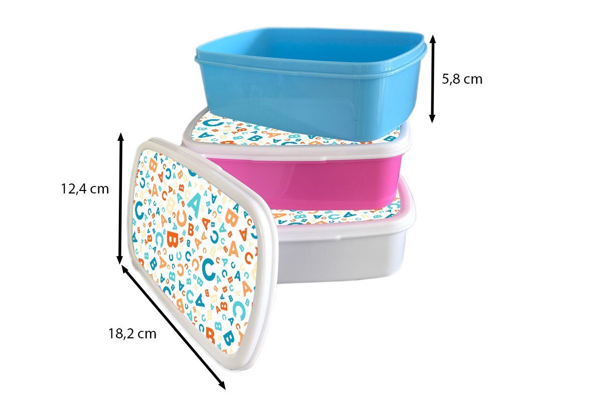 MuchoWow Lunchbox Kinder Abc und Blau Erwachsene, Muster, Brotdose, (2-tlg), für - - - - Mädchen Brotbox Kunststoff, für weiß und Jungs Orange Buchstaben