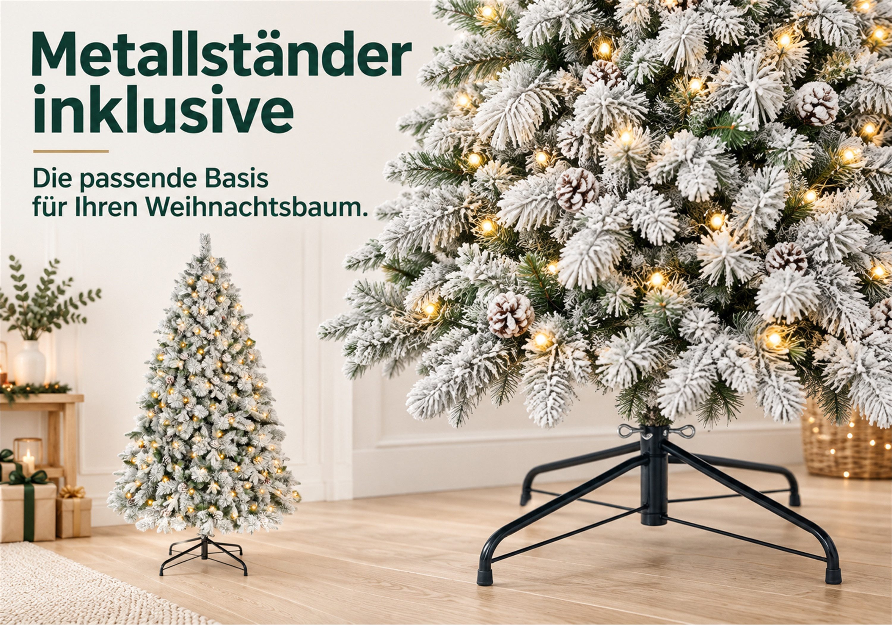 Vankel Künstlicher Weihnachtsbaum mit Schnee, Beleuchtung und Zapfen, Tannenbaum mit Metallständer, grün, Beschneiter Tannenbaum mit Zapfen, warmem Licht und Metallständer