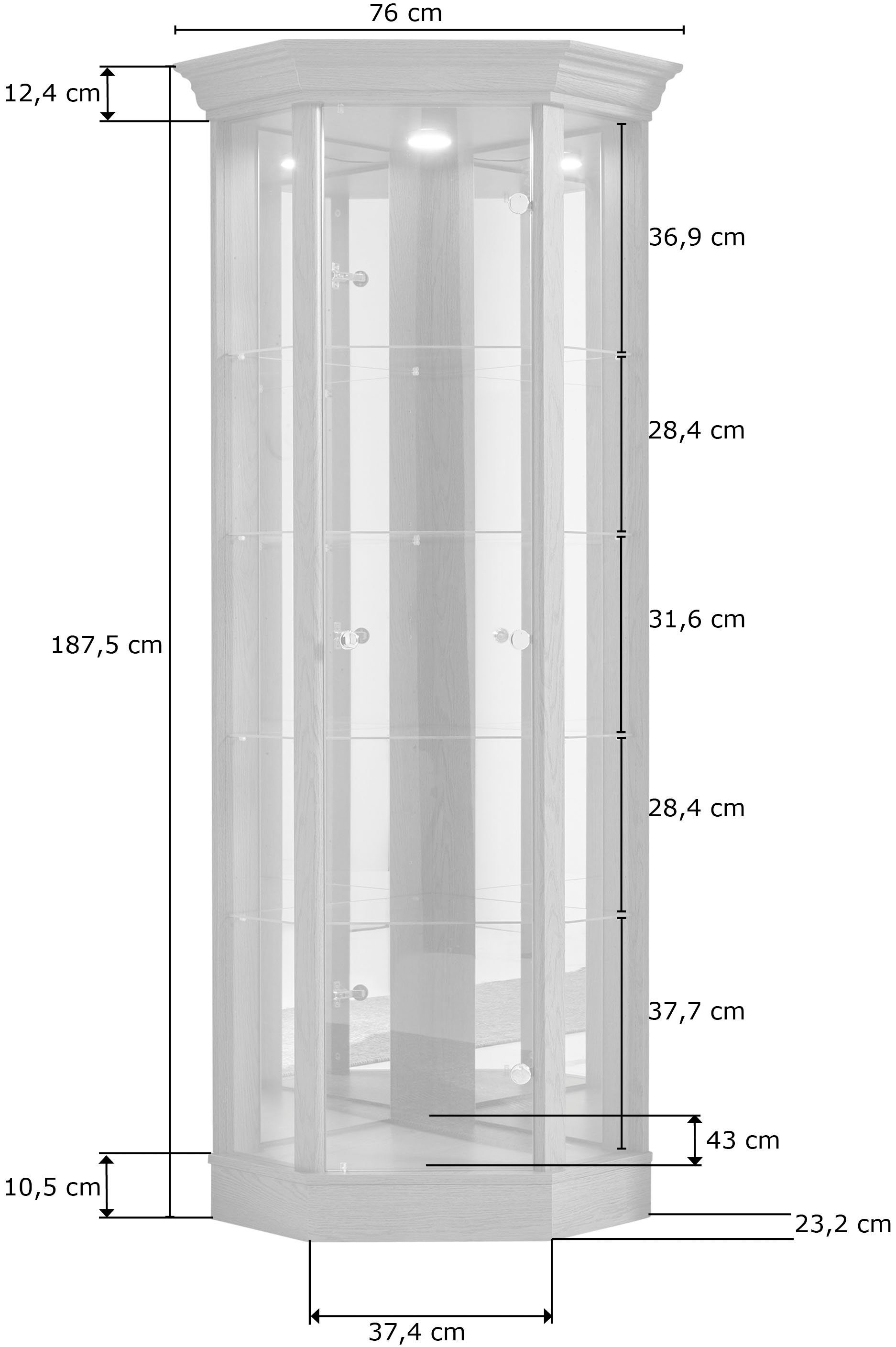 fif möbel Vitrine Glasböden, | Spiegelrückwand, Eiche TRIO Dekor 4 Eiche LED-Beleuchtung, Sockel