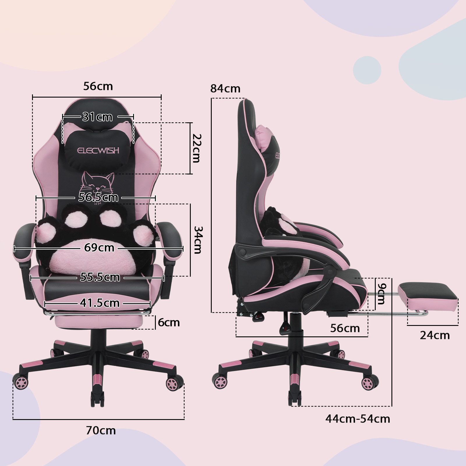 Puluomis Gaming-Stuhl Bürostuhl Ergonomisch mit Katzenpfote Lendenkissen und Katzenohren (Gamer Stuhl, Racing Computerstuhl PC Stuhl mit Fußstütze Kopfstütze),  – Bild 5 von 5