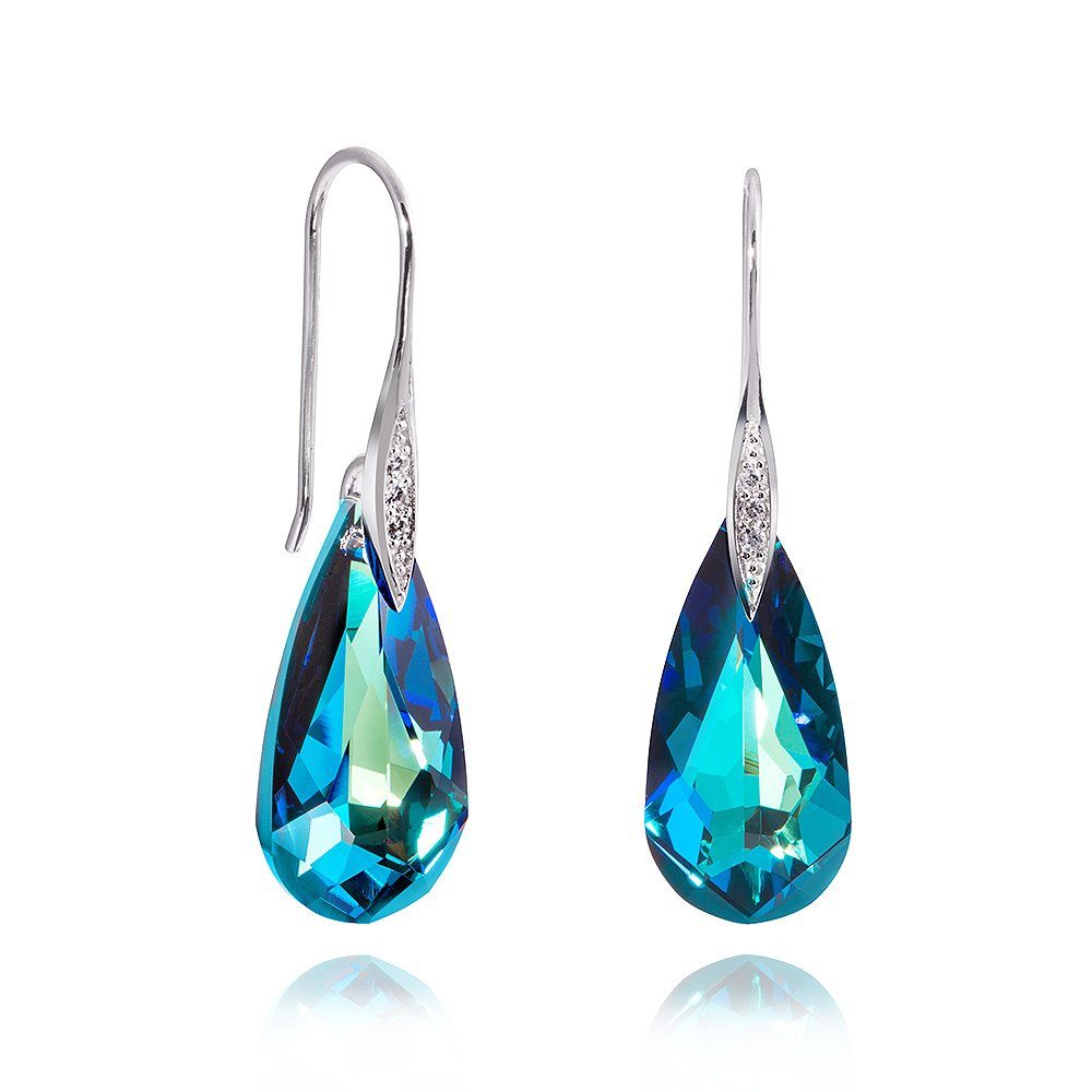 Materia Paar Ohrhänger Damen Tropfen Kristallstein Blau Türkis SO-51, Hänger aus 925 Sterling Silber