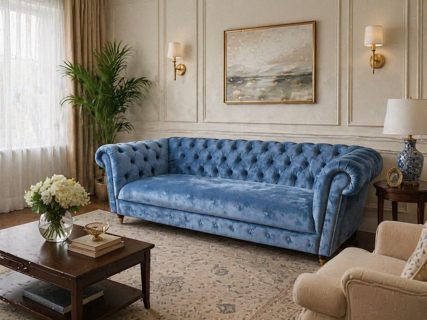 Xlmoebel Chesterfield-Sofa Blauer Samt 3-Sitzer mit eleganten Knöpfen Sofort, Sofa, Made in Europa, Samtbezug, elegante Knöpfe