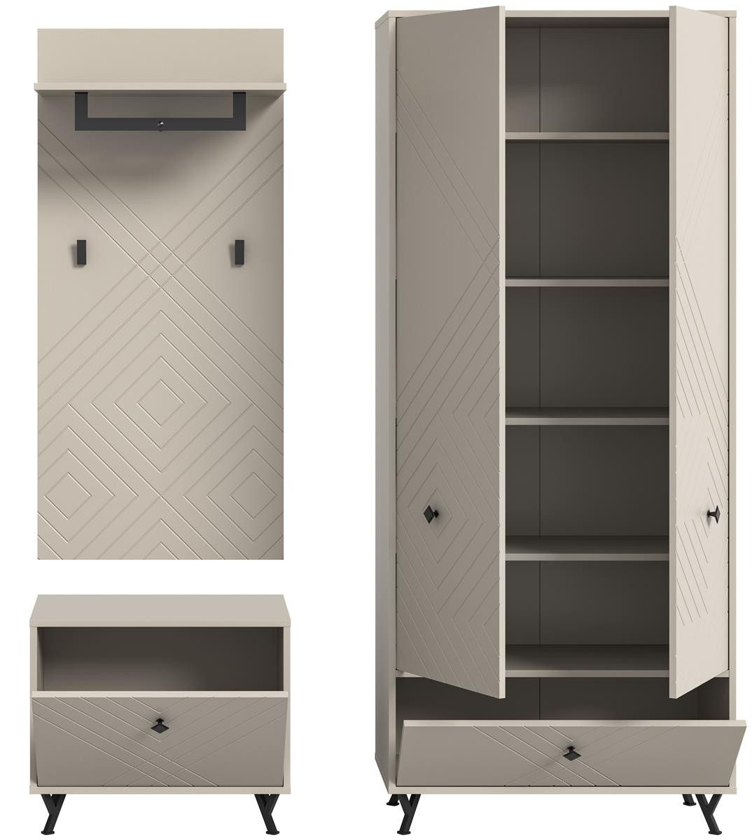 möbelvita Garderoben-Set Memo Garderobenkombination B/H/T 195x190x35 in sandbeige, (1x Garderobenschrank, 1x Sitzbank, 1x Paneel), Front mit gefrästen Ornamenten