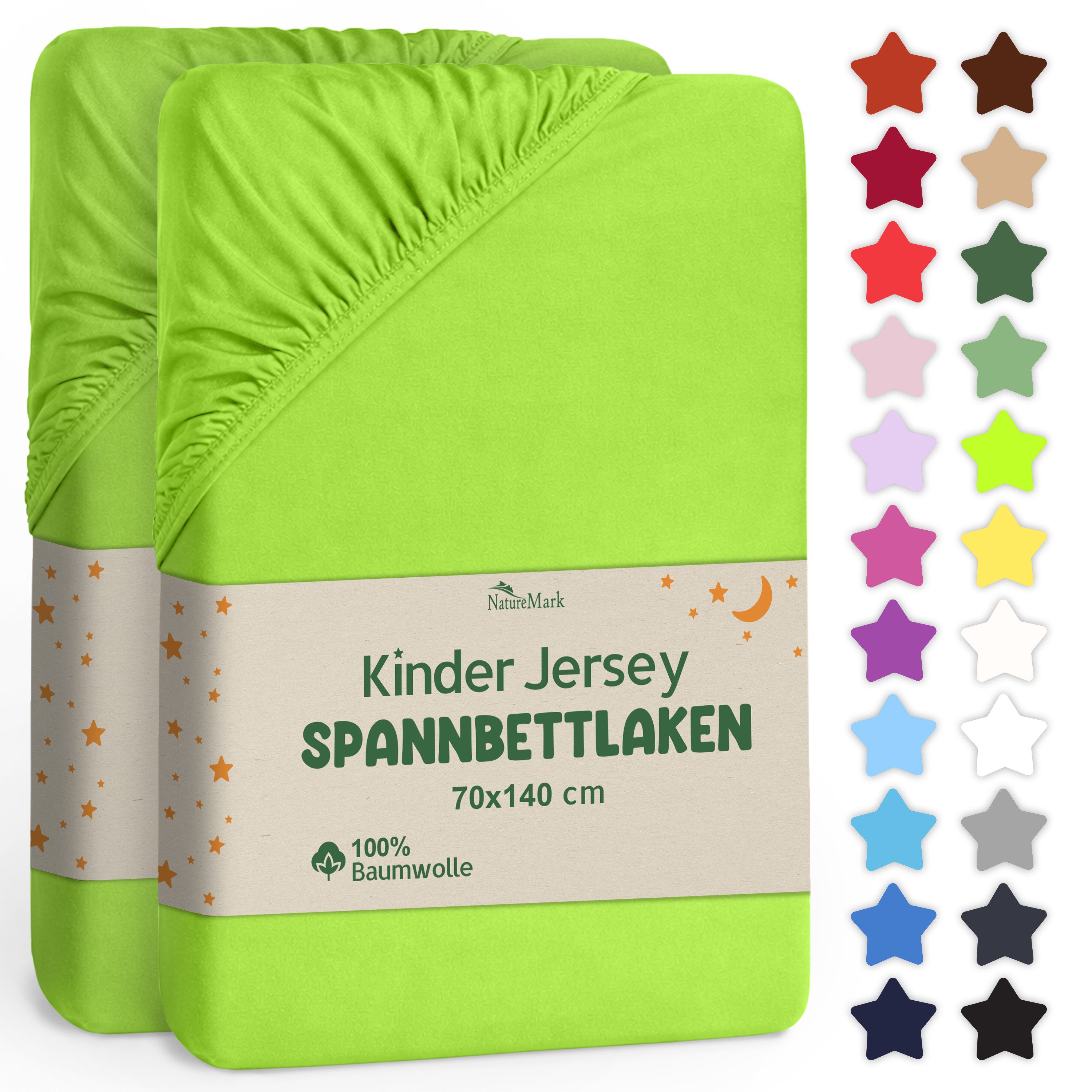 NatureMark Spannbettlaken Jersey Spannbetttuch, 100% Baumwolle, Gummizug: rundum, (2 Stück), Kinder Spannbetttuch, für Baby-/Kinderbett, 70x140 cm, Apel grün