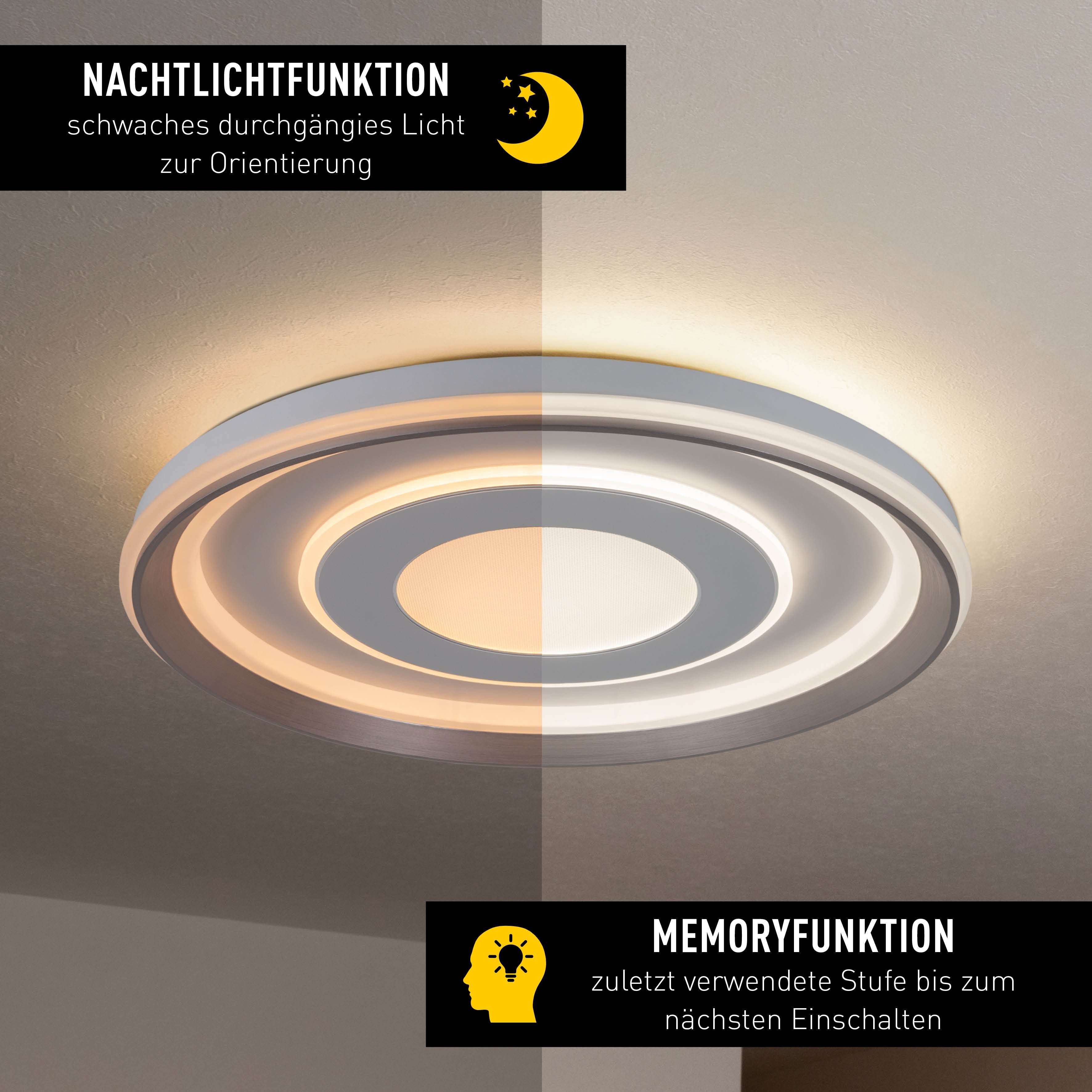 näve LED Deckenleuchte Doira, CCT - über Fernbedienung, Dimmfunktion, Memoryfunktion, Nachtlichtfunktion, dimmbar über Fernbedienung, mehrere Helligkeitsstufen, LED wechselbar, warmweiß - kaltweiß, weiß/silber, dimmbar per Fernbedienung (inkl), CCT, Memory, Nachtlicht