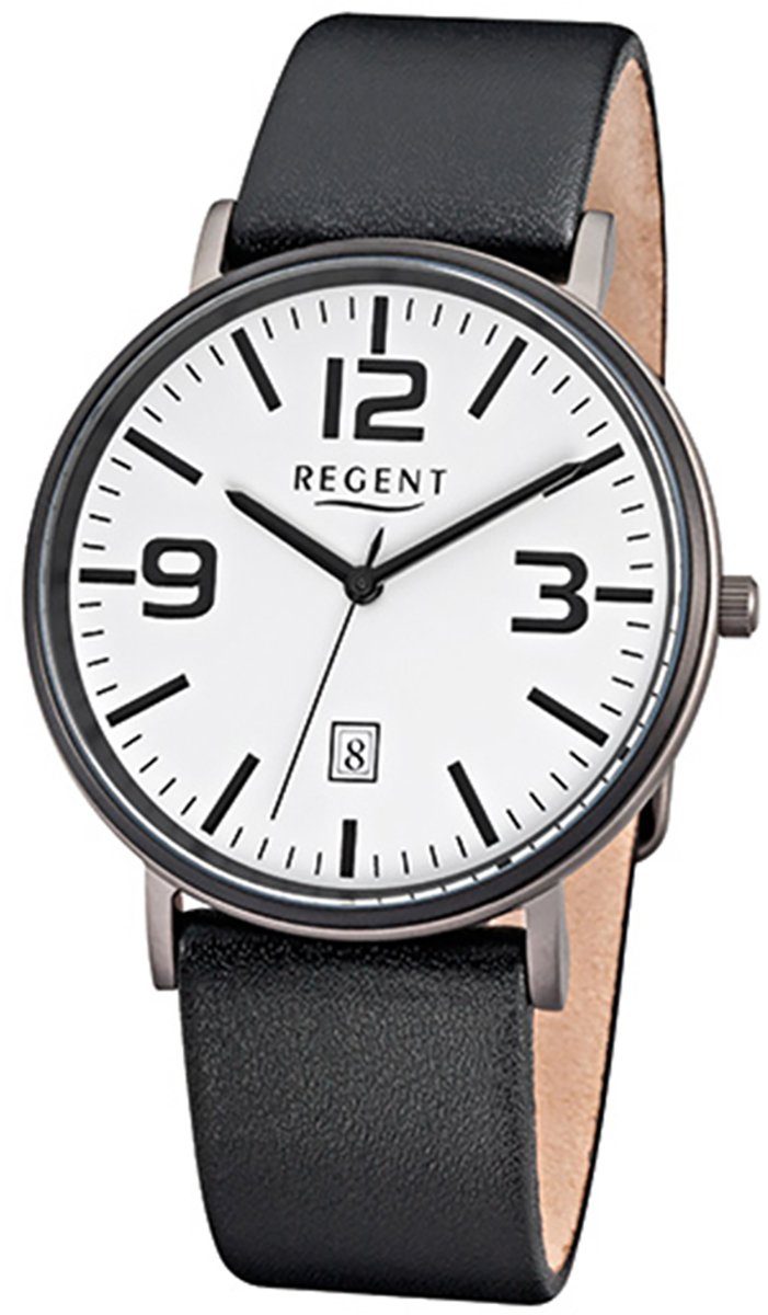 Regent Quarzuhr Regent Armbanduhr Herren (ca. Lederarmband, Analog, Titan rund, Herren-Armbanduhr schwarz ionenplattiert Bronze 40mm), groß