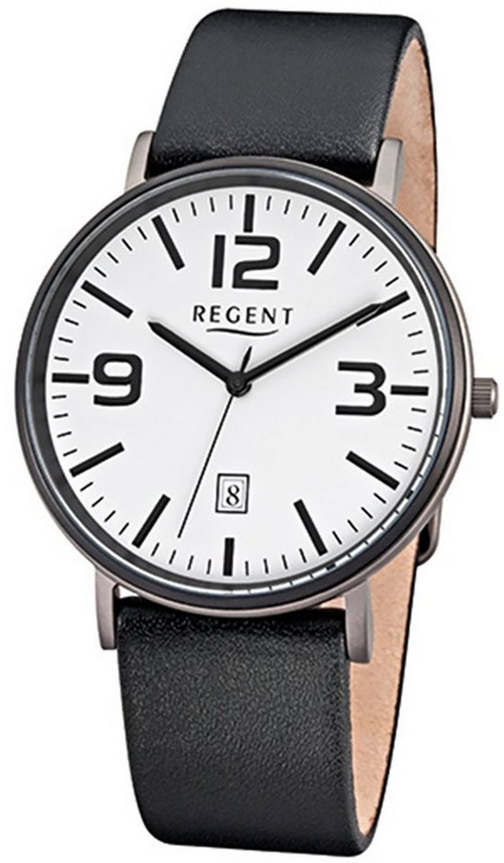 Regent Quarzuhr Regent Herren-Armbanduhr schwarz Analog, Herren Armbanduhr  rund, groß (ca. 40mm), Lederarmband, Titan ionenplattiert Bronze