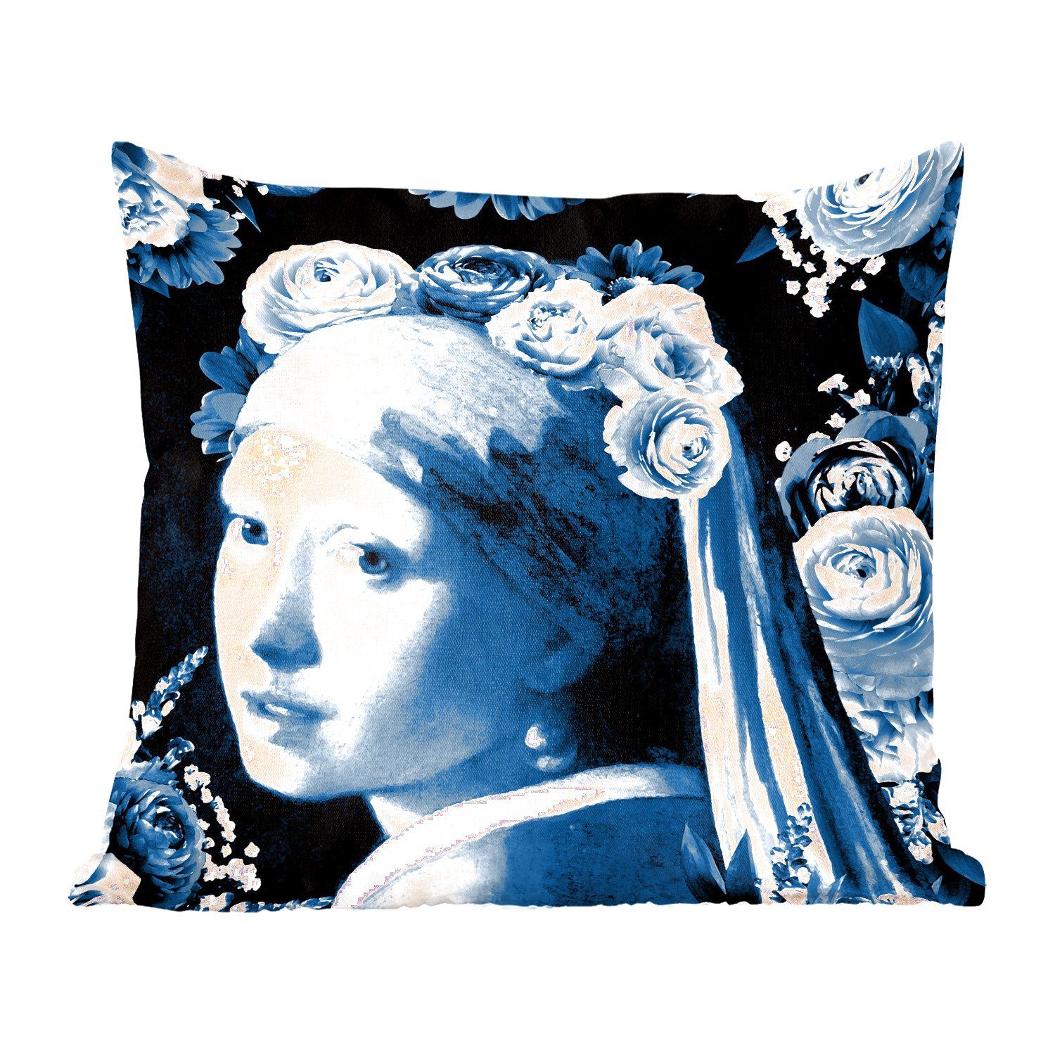 MuchoWow Dekokissen Mädchen mit einem Perlenohrring - Rosen - Blau, Zierkissen mit Füllung für Wohzimmer, Schlafzimmer, Deko, Sofakissen