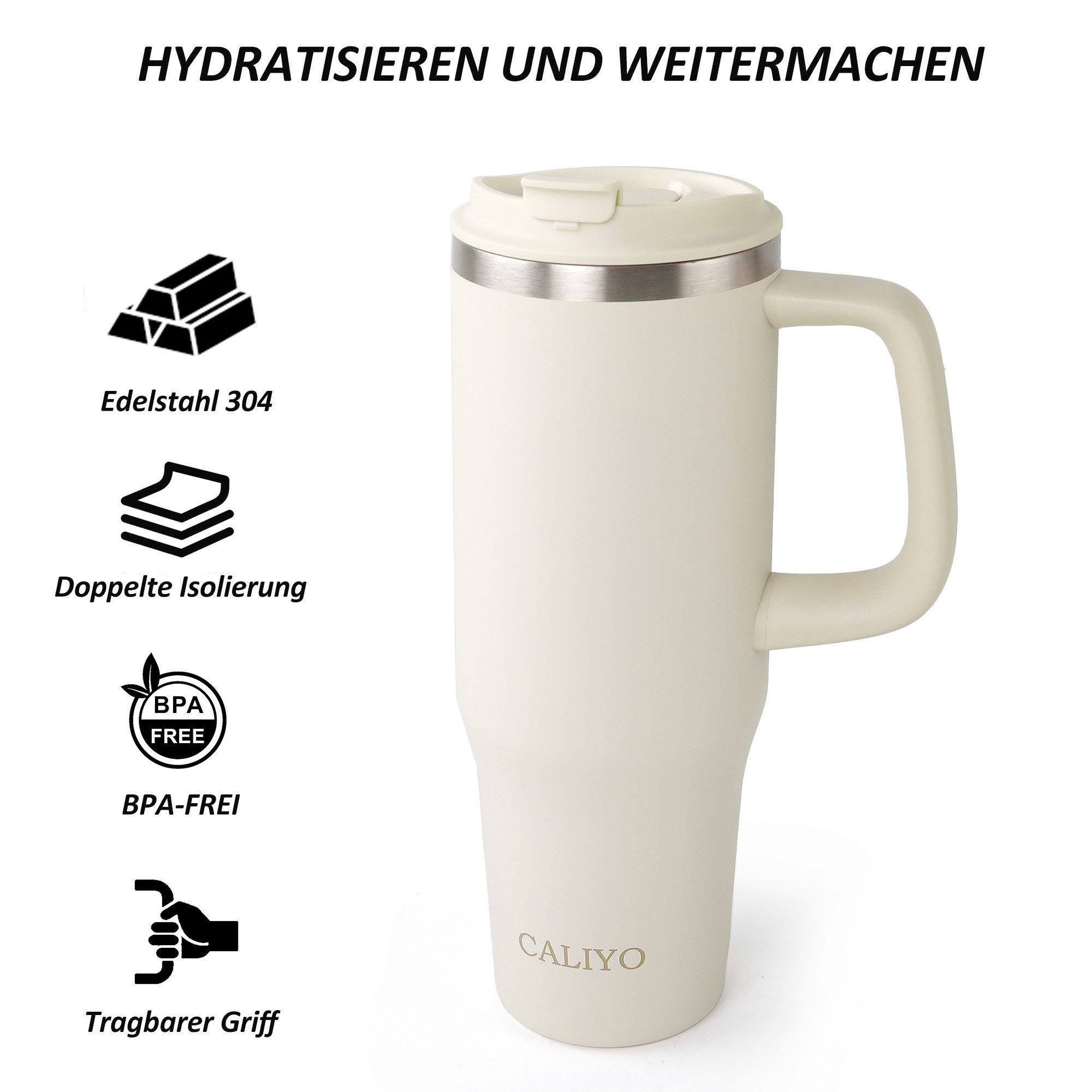 CALIYO Thermobecher Edelstahl Autobecher BPA frei mit Strohhalm und Deckel 1.2L, Spülmaschinenfest Langanhaltend kühl / warm für Sport, Reisen