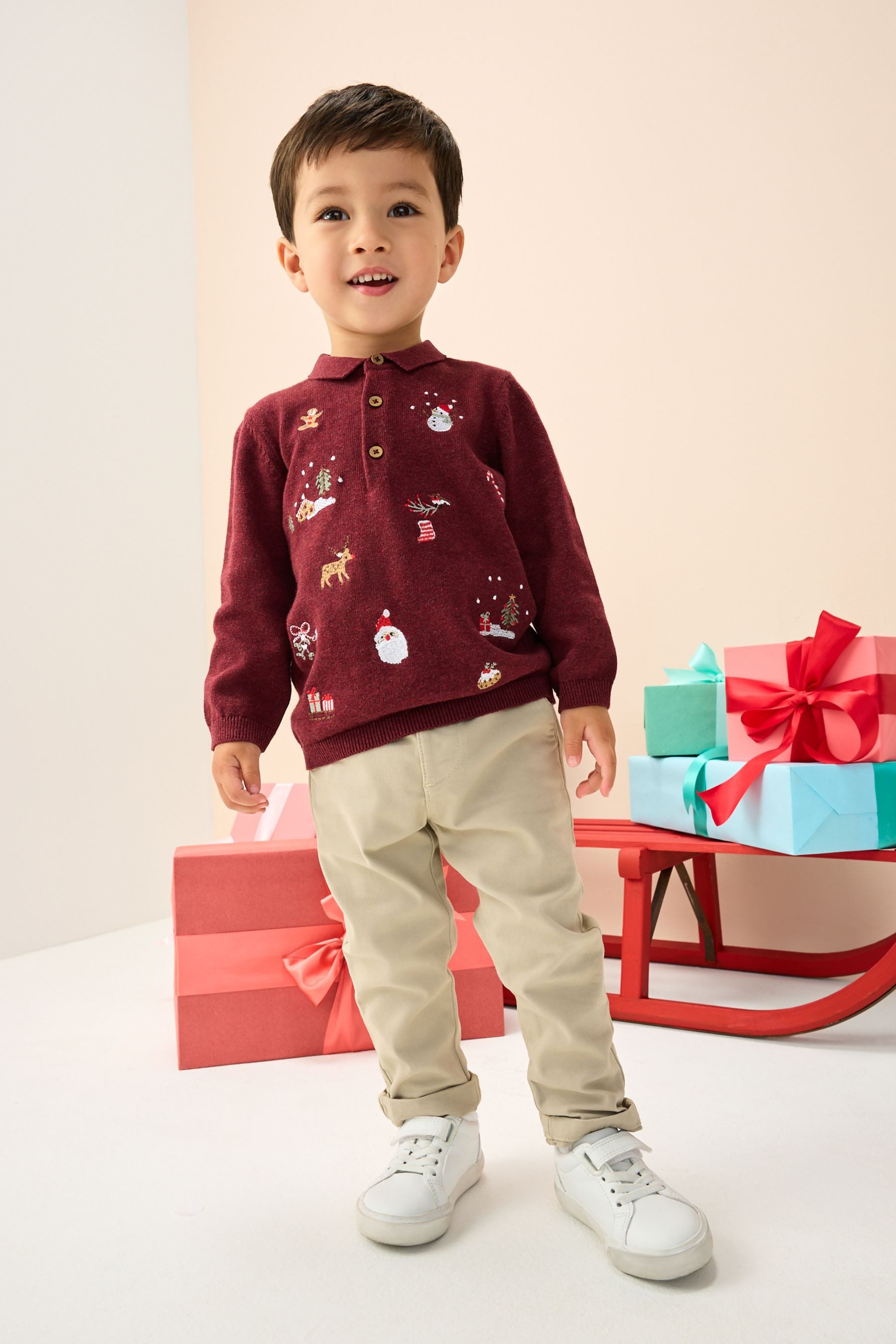 Next Polokragenpullover Strick-Poloshirt mit Weihnachtsstickerei (1-tlg)