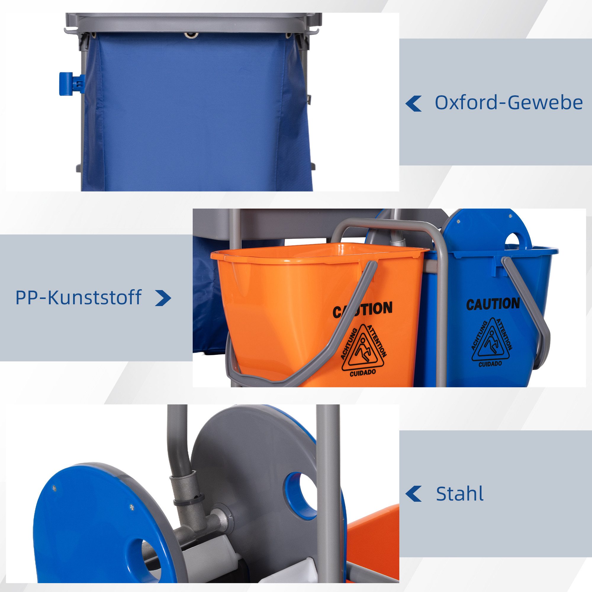 HOMCOM Putzeimer Reinigungswagen mit 3 Ebenen, 2x18L Eimer, Abfallsack, (Systemwagen, 1-tlg., Reinigungswagen mit Eimern und Abfallsack), Mit Auswringer und gro – Bild 4 von 5