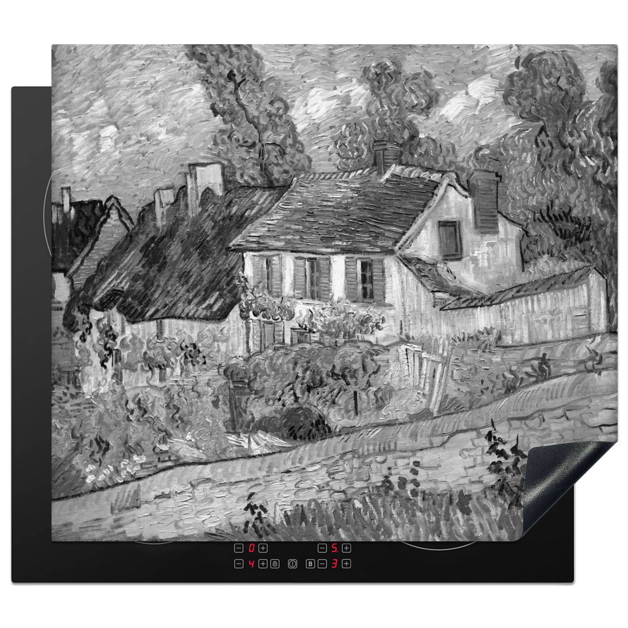 MuchoWow Herdblende-/Abdeckplatte Haus bei Auvers - Vincent van Gogh - Schwarz - Weiß, Vinyl, (1 tlg), 59x52 cm, Ceranfeldabdeckung für die küche, Induktionsmatte