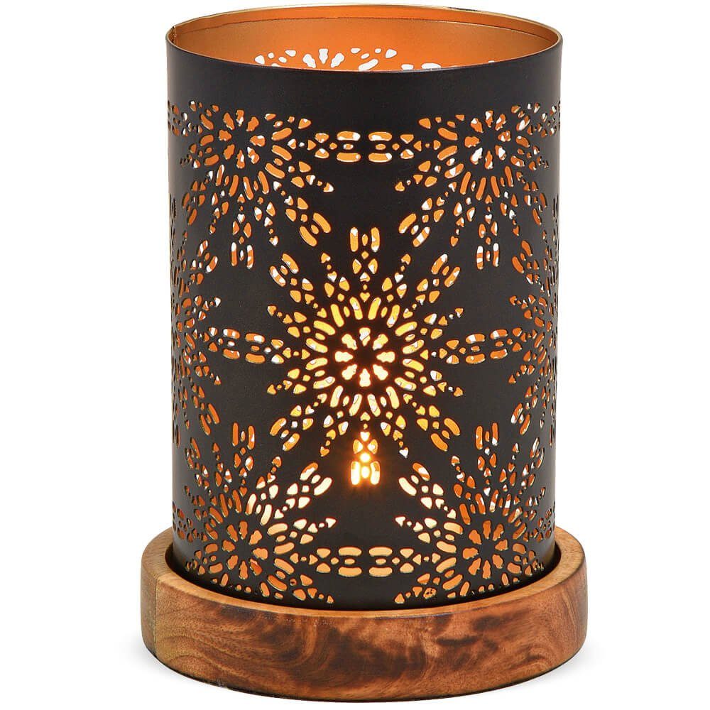 Kerzenhalter Windlicht mit Blumen auf Holzsockel schwarz Metall Ø 10 cm
