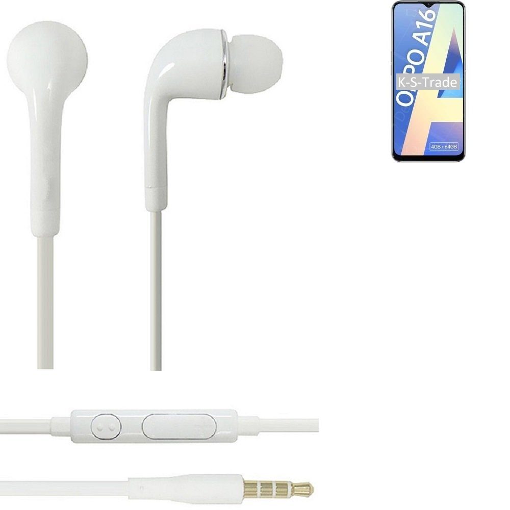 K-S-Trade für Oppo A16 In-Ear-Kopfhörer (Kopfhörer Headset mit Mikrofon u Lautstärkeregler weiß 3,5mm)