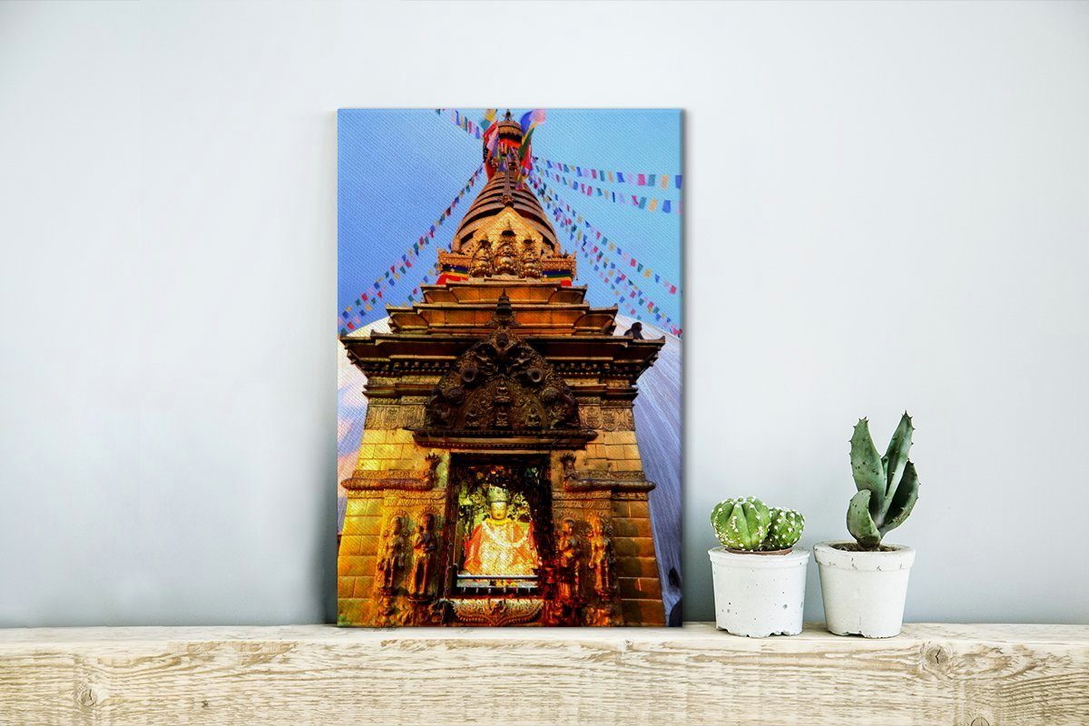 OneMillionCanvasses® Swayambhunath-Tempel inkl. im Zackenaufhänger, fertig asiatischen cm Leinwandbild Leinwandbild 20x30 bespannt Schatzkammer im St), Gemälde, (1 Eine Nepal,