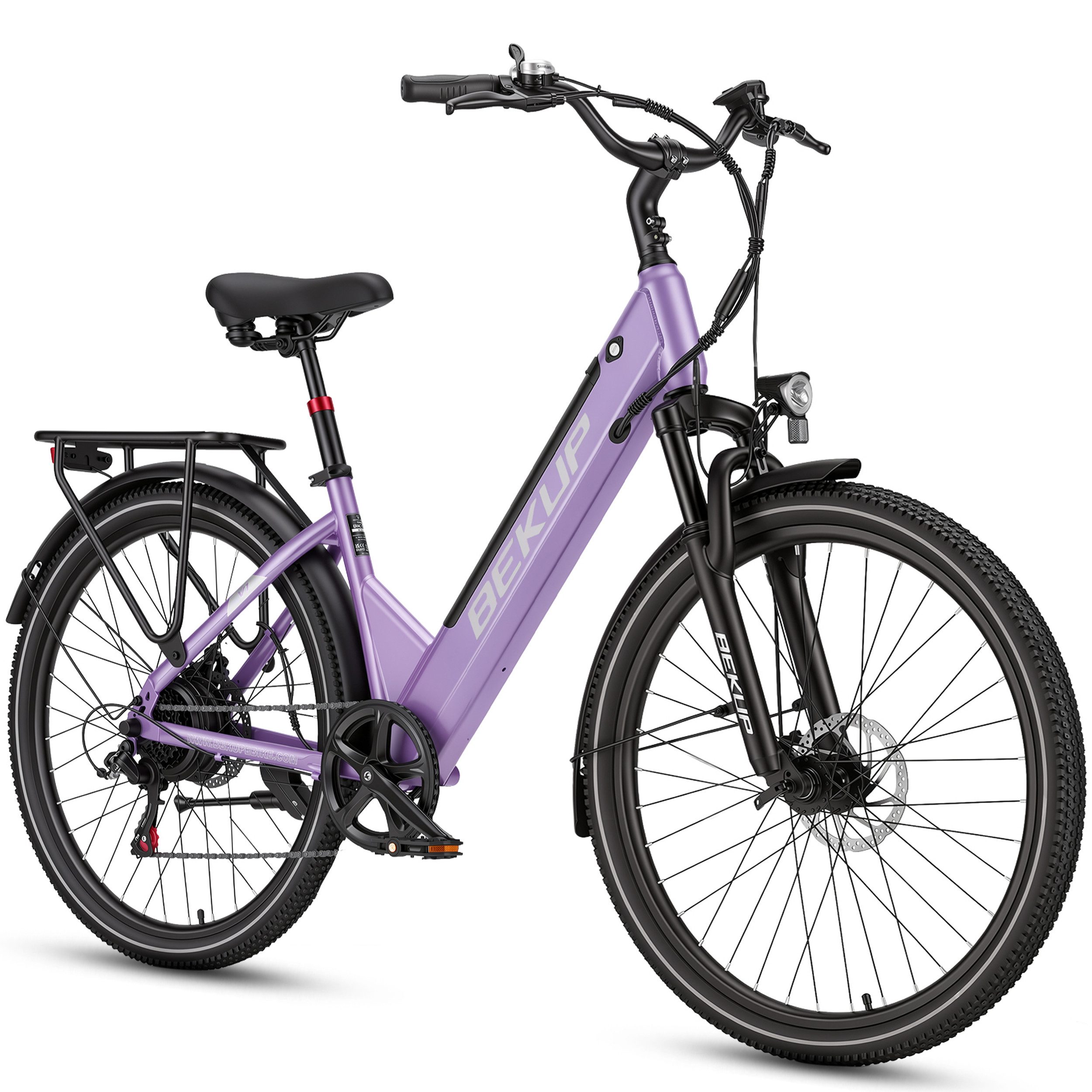 BEKUP E-Bike Cityrad V1 26 Zoll Cityrad Herren u. Damen, 522 Wh Akku, 45 Nm, Tiefeinsteiger, 7 Gang Shimano Shimano Tourney TZ Schaltwerk, Kettenschaltung, Heckmotor, 522 Wh, (Komplettset, E-Bike inklusive Akku und Ladegerät), Entspannt pendeln – bis 120 km, Federgabel und Komfortsattel