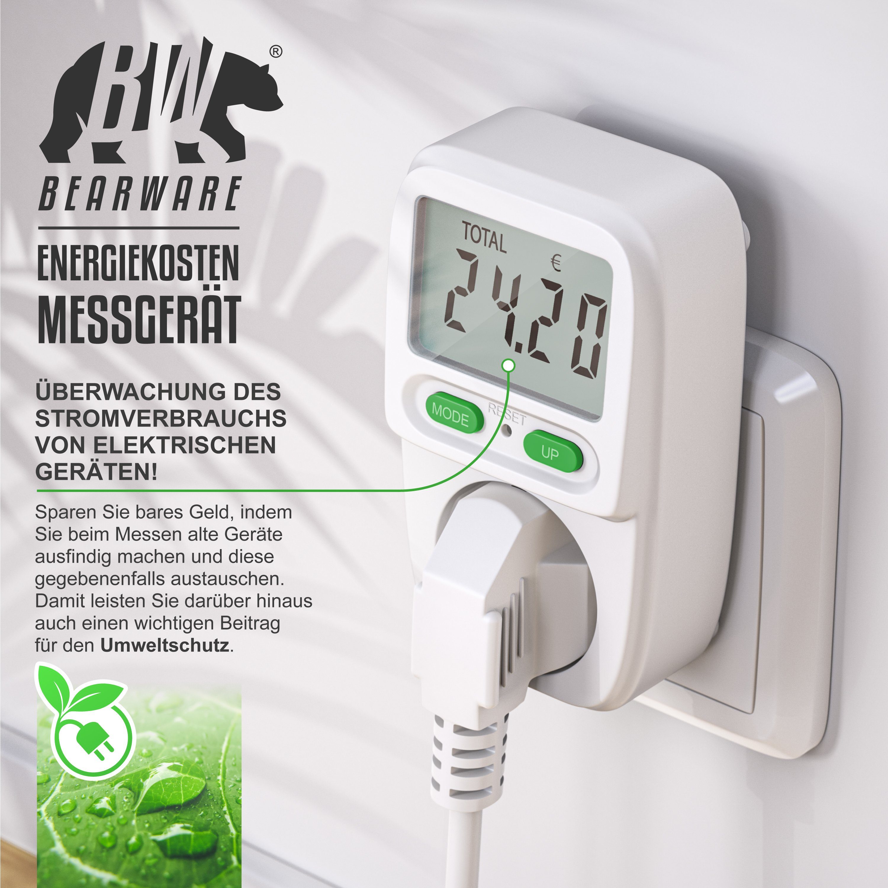 BEARWARE Energiekostenmessgerät Stromkostenmessgerät, Stromverbrauchsmesser mit Kinderschutzsicherung, Stromzähler Steckdose, Verbrauchsmessung ab 0,2W, Kostenüberwachung