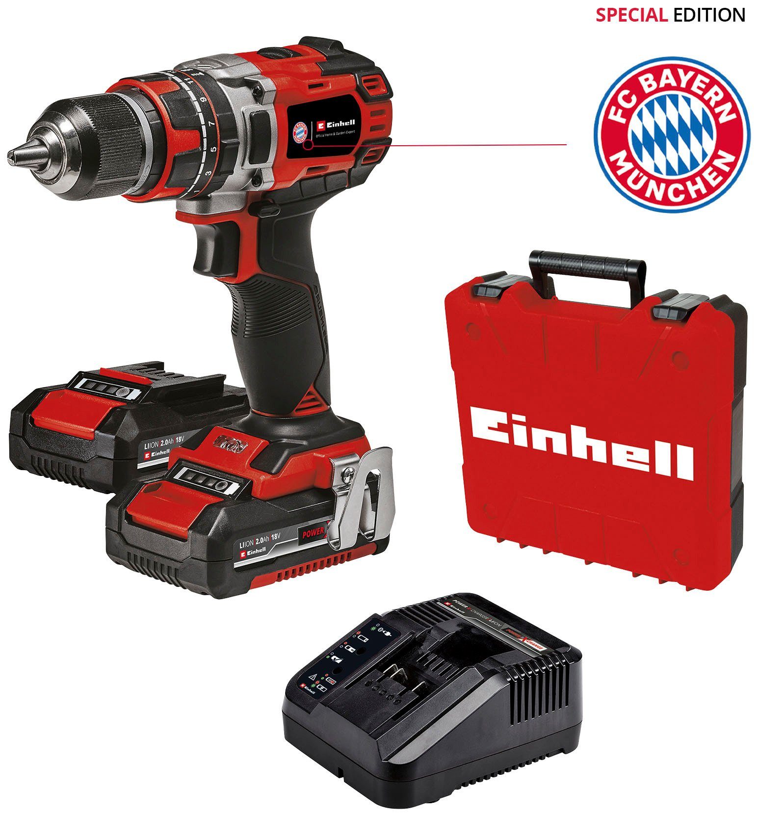 Einhell Akku-Schlagbohrschrauber TP-CD 18/50 Li-i BL - FC Bayern München, max. 1800 U/min, mit 2 Akkus 18V/2,0 Ah, Ladegerät und Koffer | Schlagschrauber