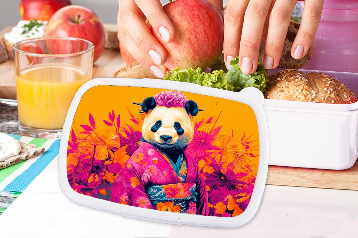 MuchoWow Lunchbox Kimono - Rosa - Panda - Blumenkrone, Kunststoff, (2-tlg), Brotdose Schule oder Arbeit, Brotbox für Kinder und Erwachsene