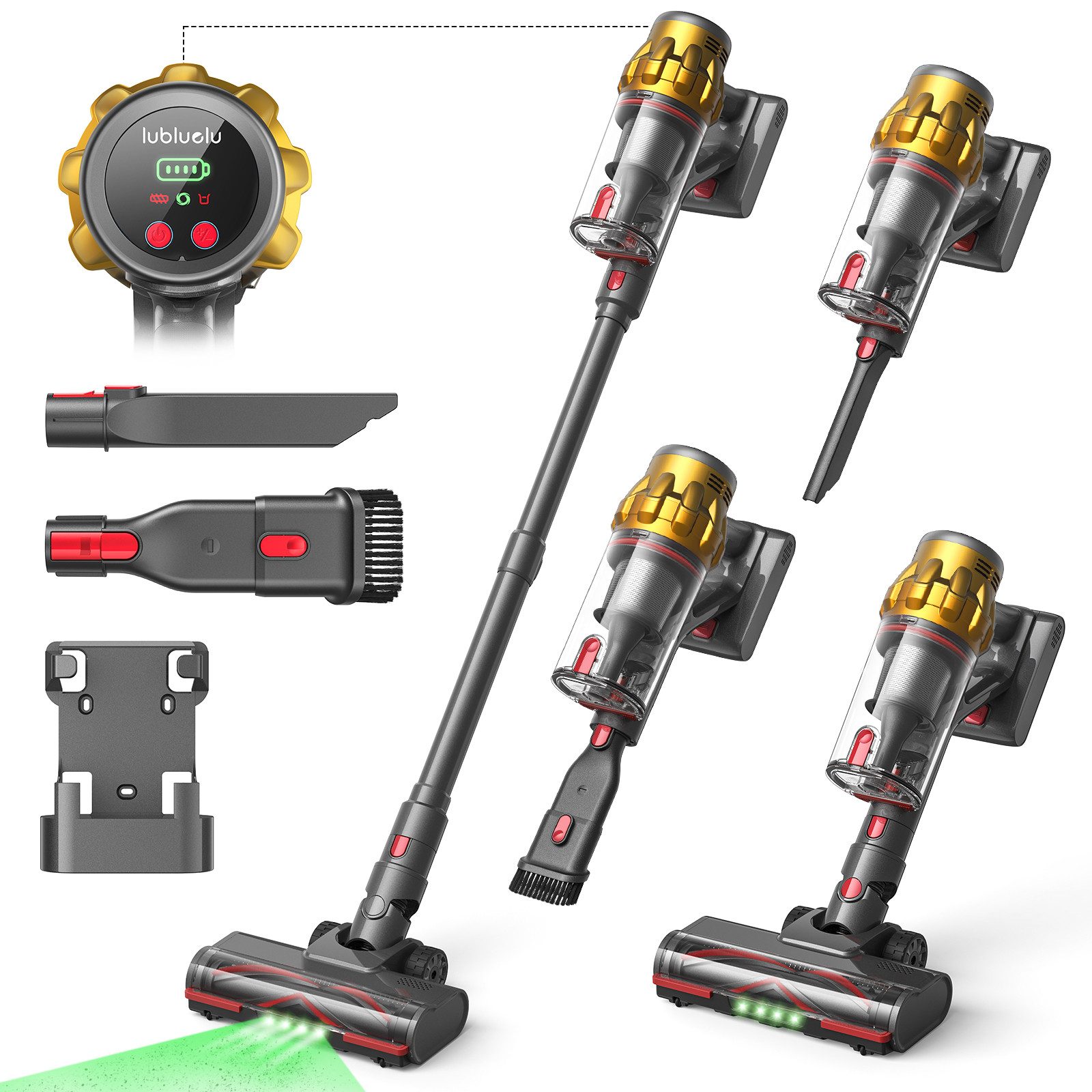 lubluelu Akku-Hand-und Stielstaubsauger Akkustaubsauger Akku Handstaubsauger 50000pa, 550 W, beutellos, LED Green Dusting Beleuchtung / Anti-Verwicklungs-Bürste