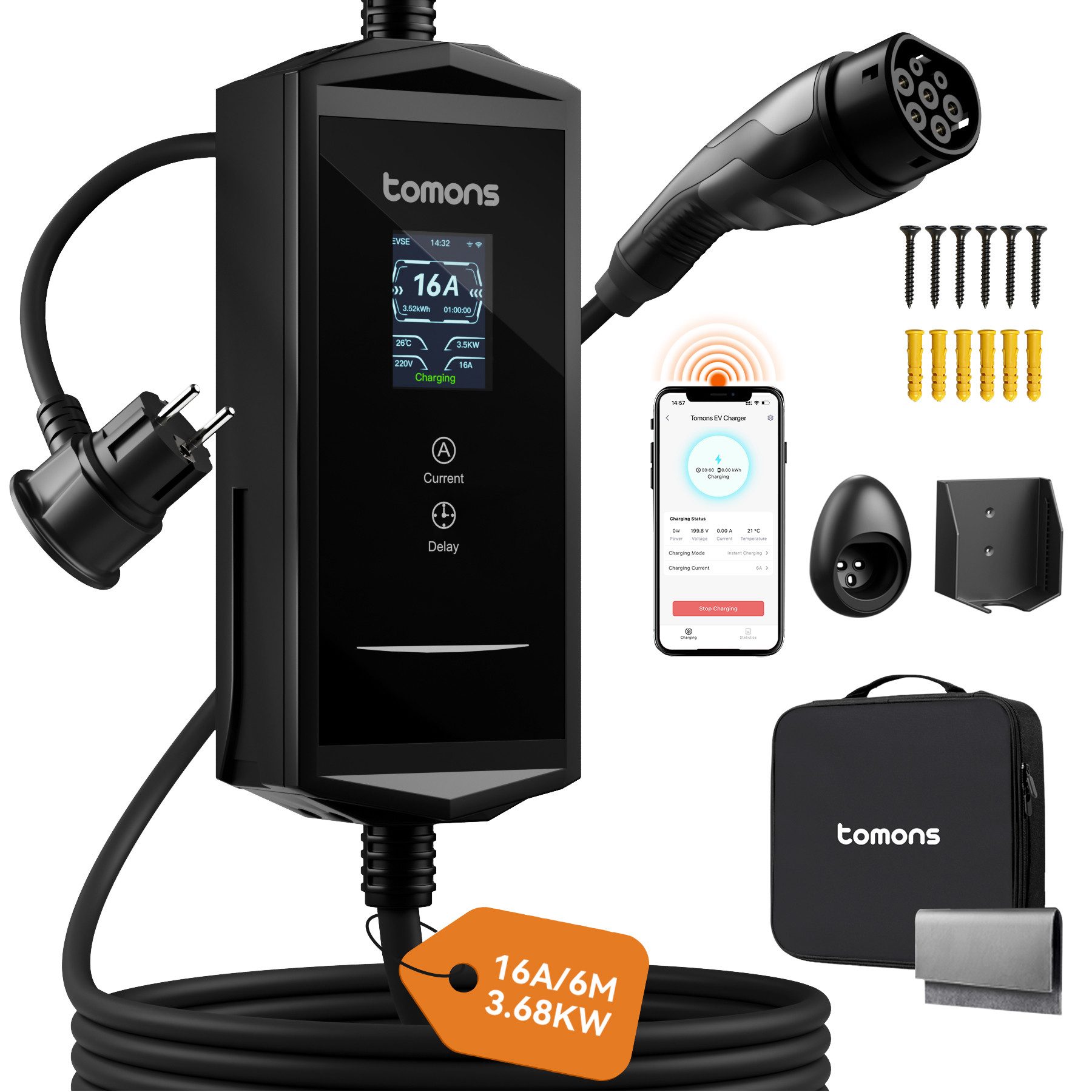 Tomons Type 2 Ladekabel Schuko 3,68 kW 6M/10M 16A mit APP, Mobile Wallbox Autoladekabel, (600 cm), 2,4" LCD-Anzeige IP65,Einstellbarer Ladeleistung&startzeit